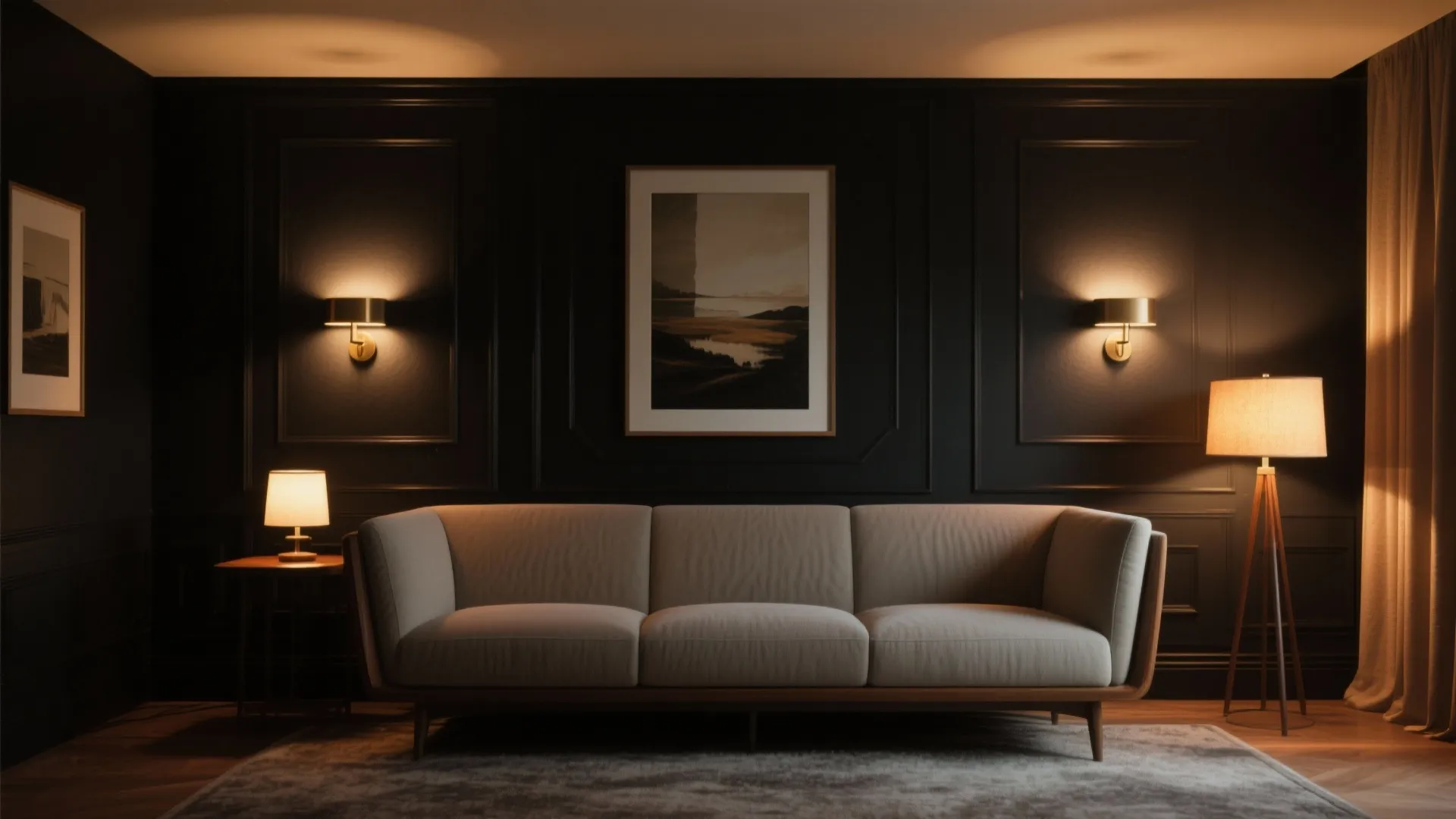 2. Black accent wall with layered lighting
