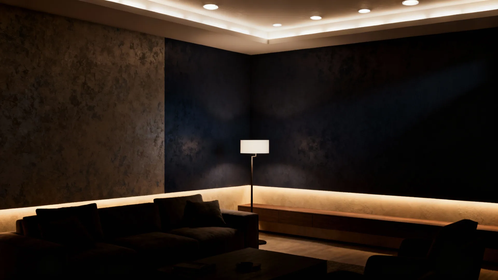 Accent wall with layered ambient, task, and accent lighting in an L-shaped living room