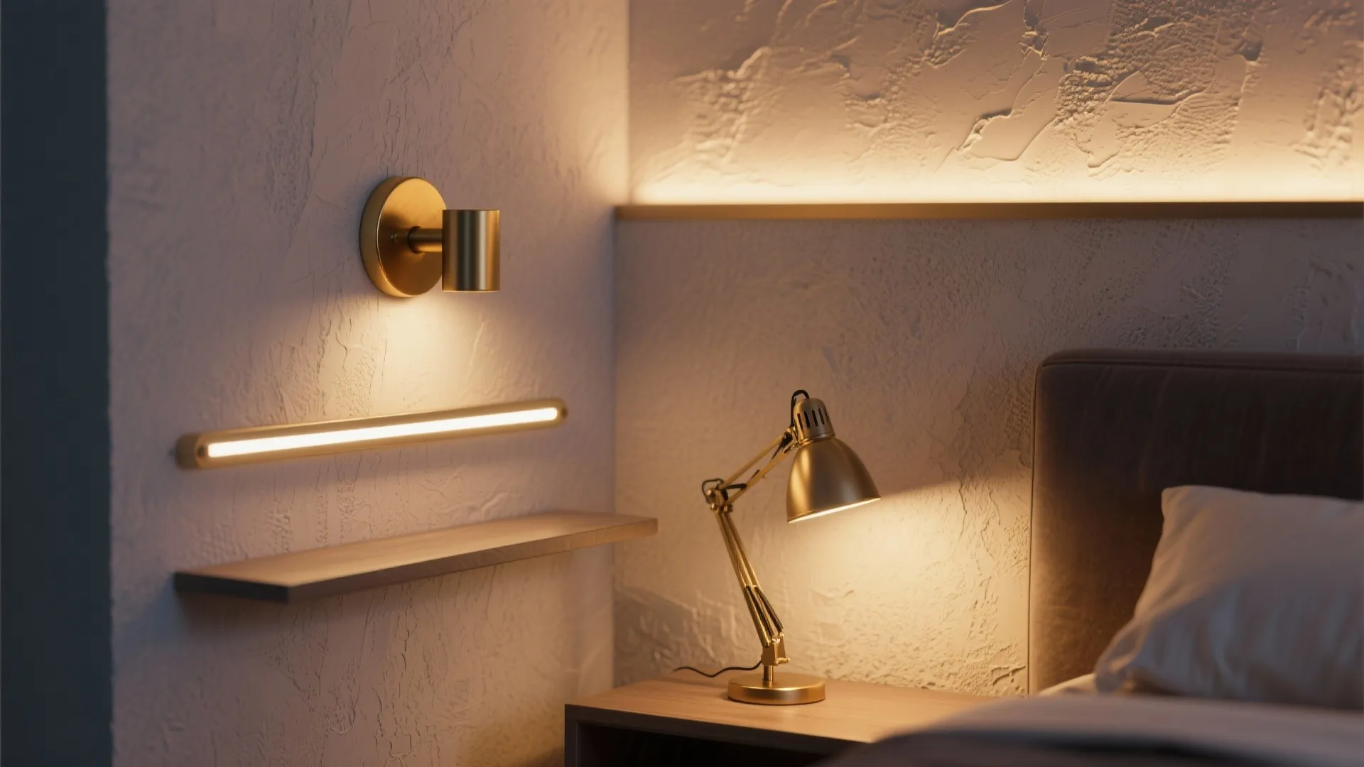 Gold wall light and gold table lamp on wooden side table with soft warm light