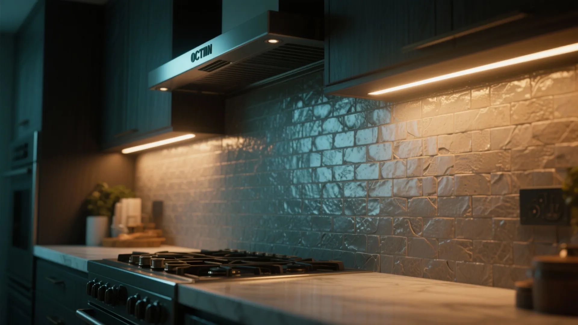 Modern kitchen with warm under cabinet lighting shining on a grey textured brick tile wall