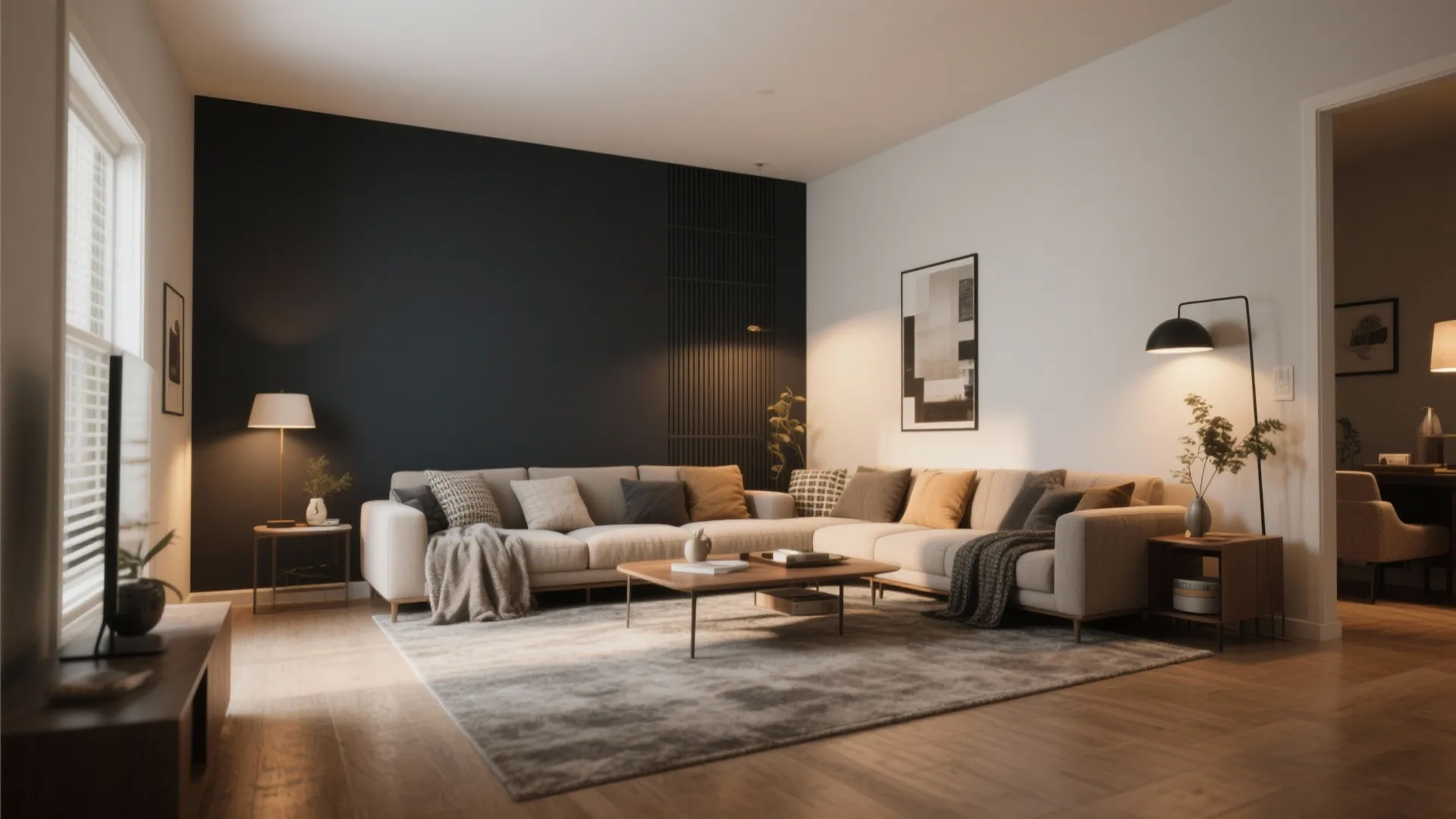 Living room with dark accent wall large sofa coffee table floor lamp and grey rug