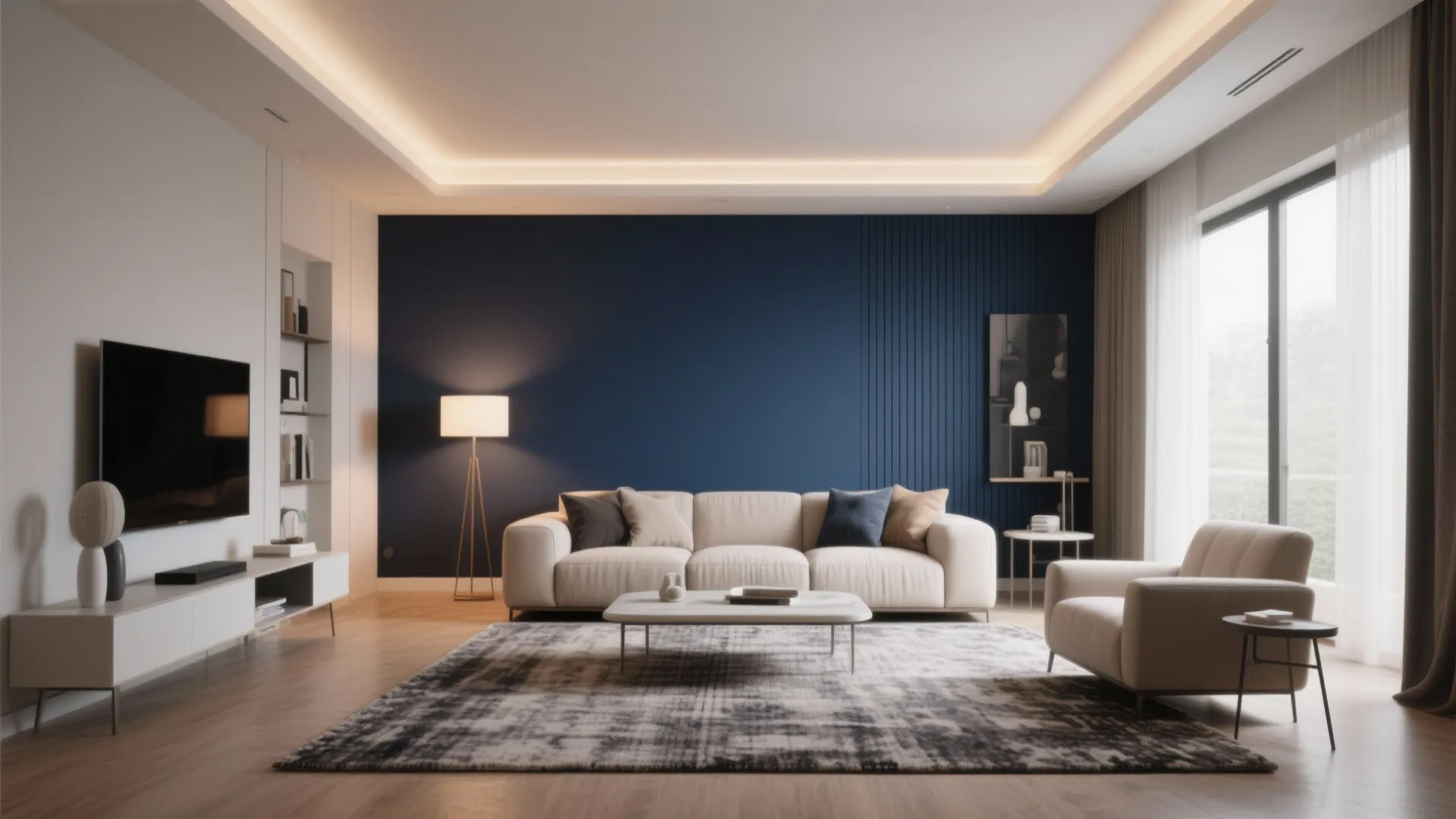 Modern living room featuring a dark blue accent wall with white sofa and grey rug