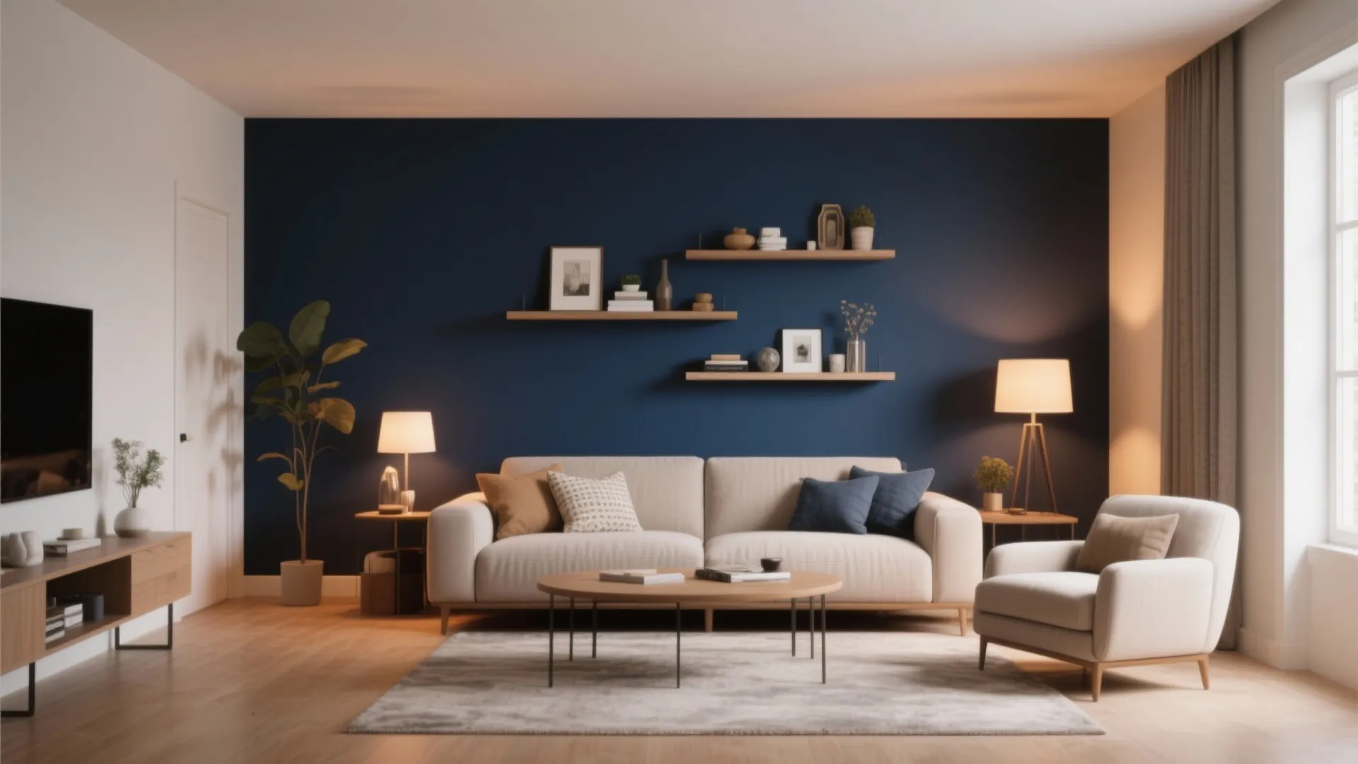 Modern living room with dark blue wall, beige sofa, wooden shelves, floor lamps, and table