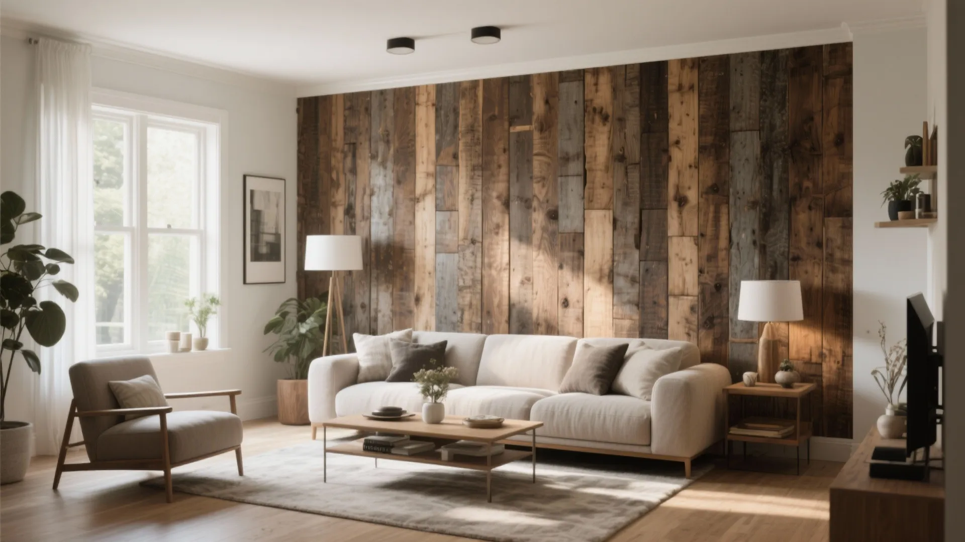Modern living room with wood wall panel behind a white sofa and a grey armchair