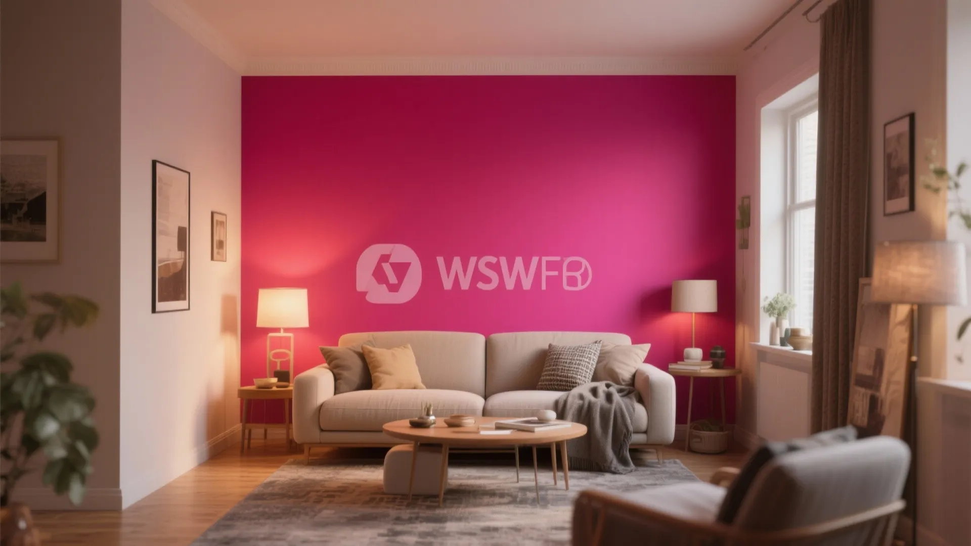 Bright living room with a bold pink accent wall beige sofa coffee table and lamps