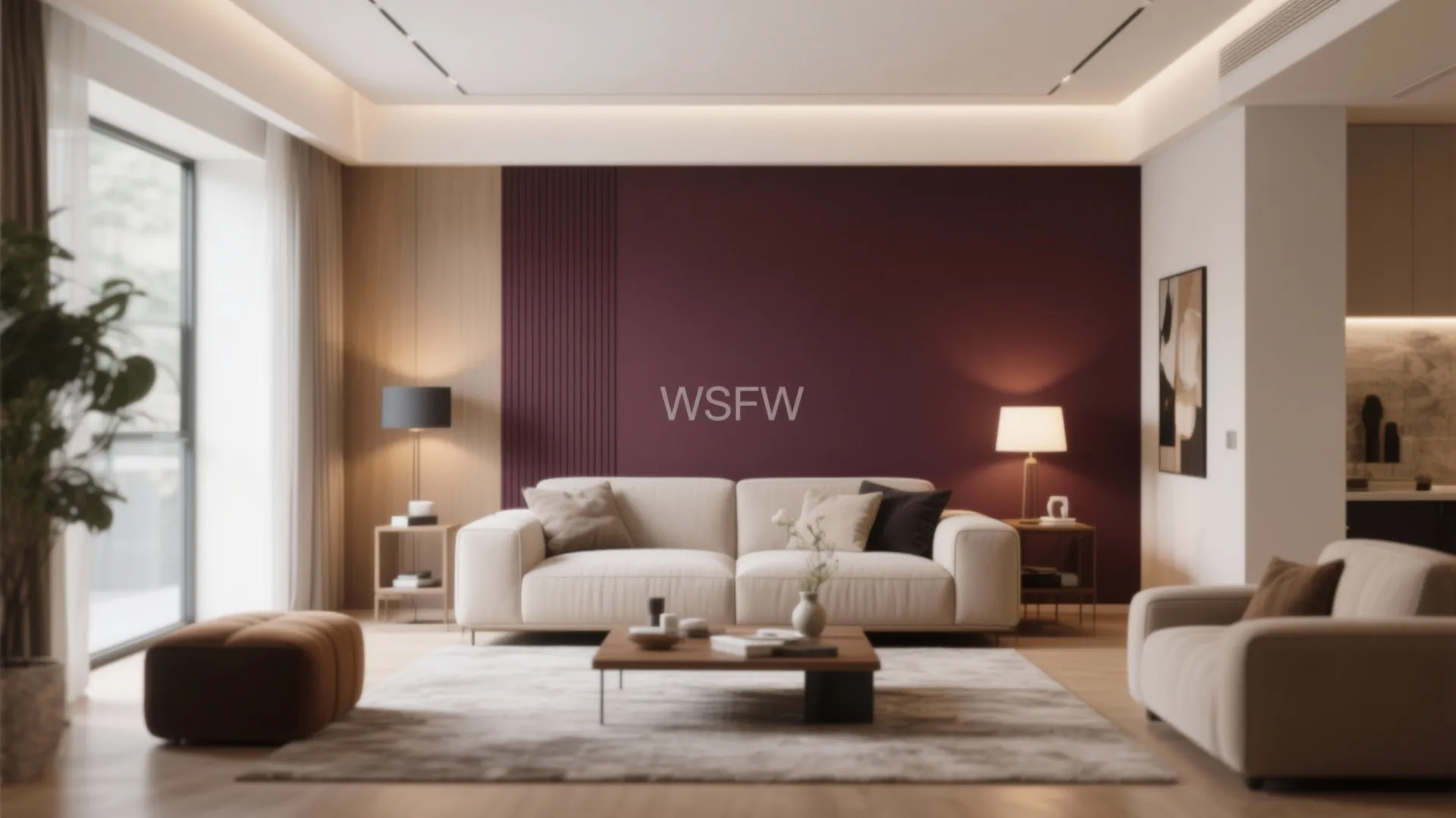 Modern living room with a dark purple wall panel behind a white sofa and rug