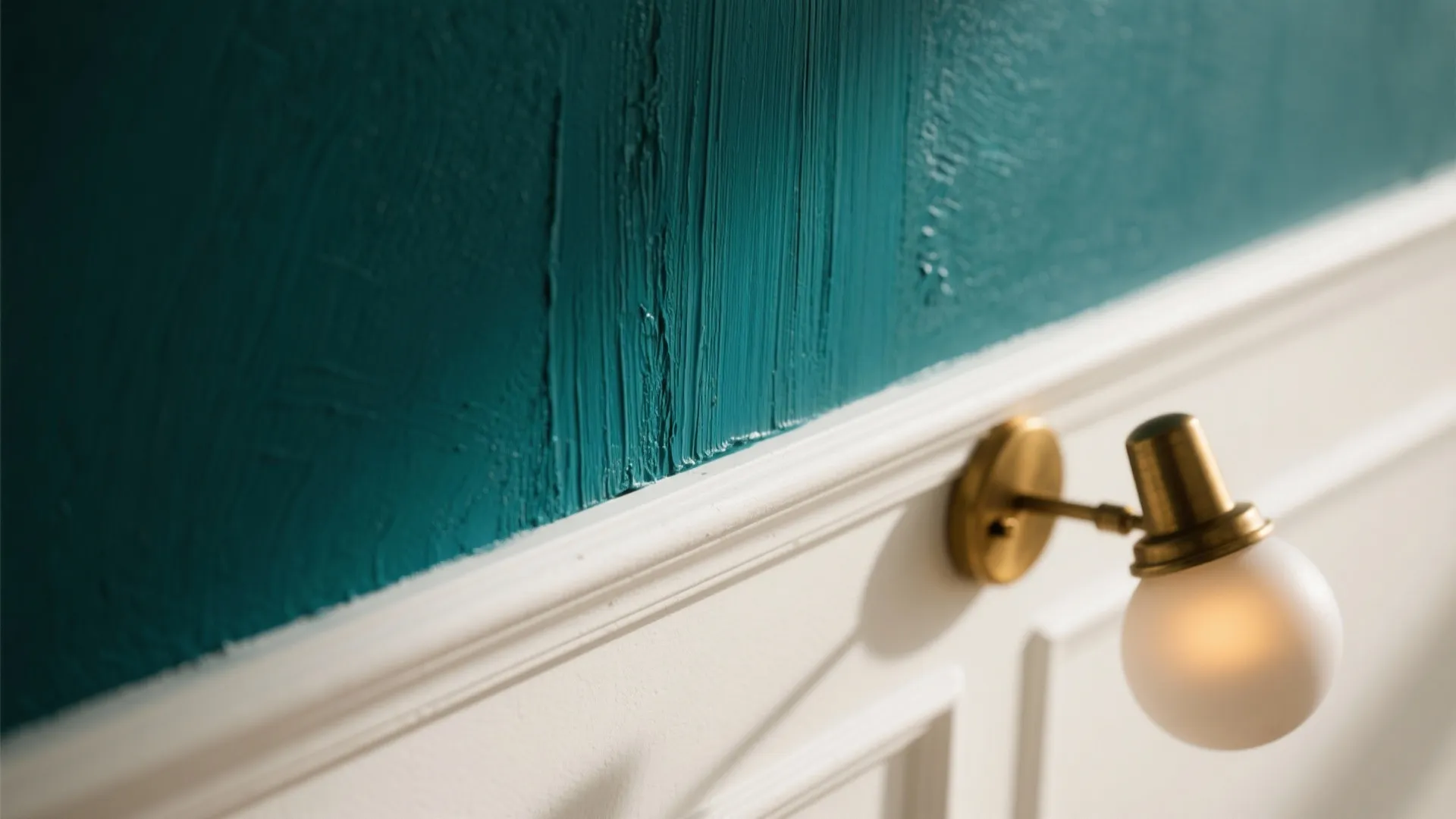 Close-up of deep blue-green accent paint beside white wall and brass sconce.