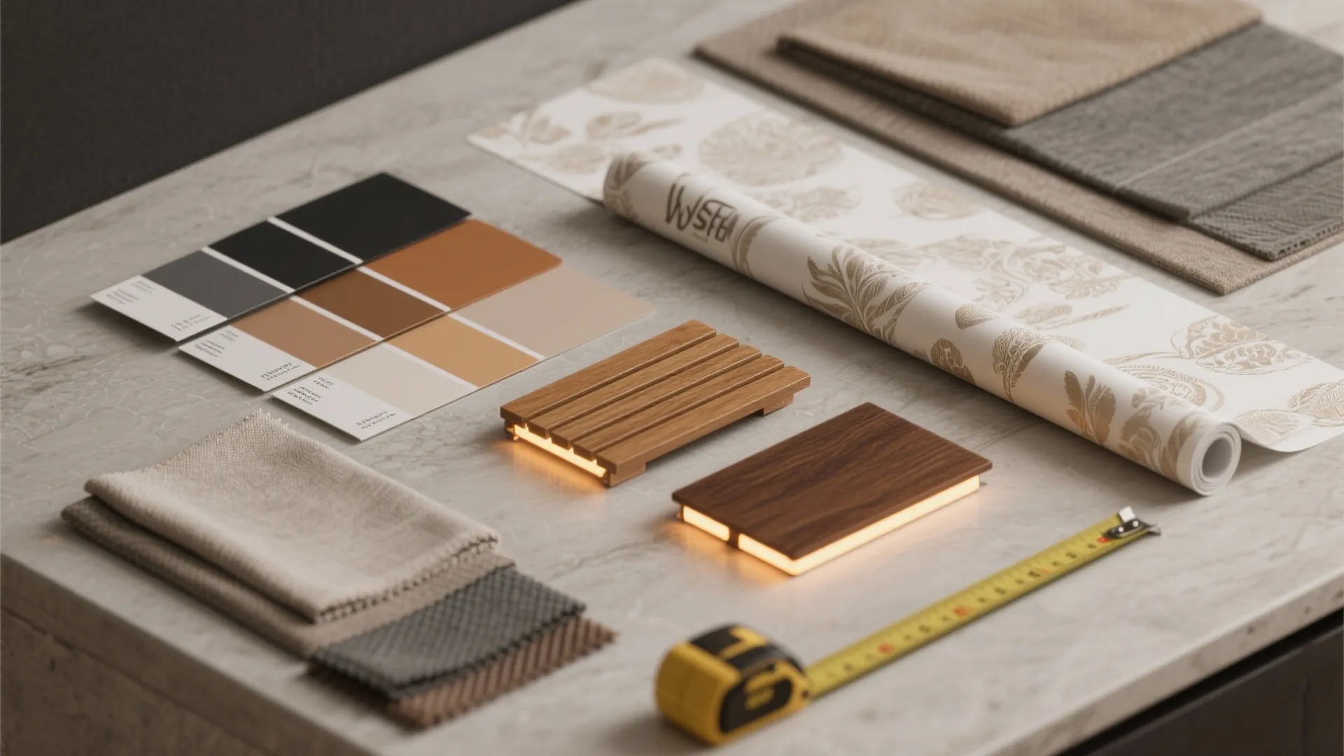 Interior design material board with wood samples fabric swatches color palettes and a measuring tape