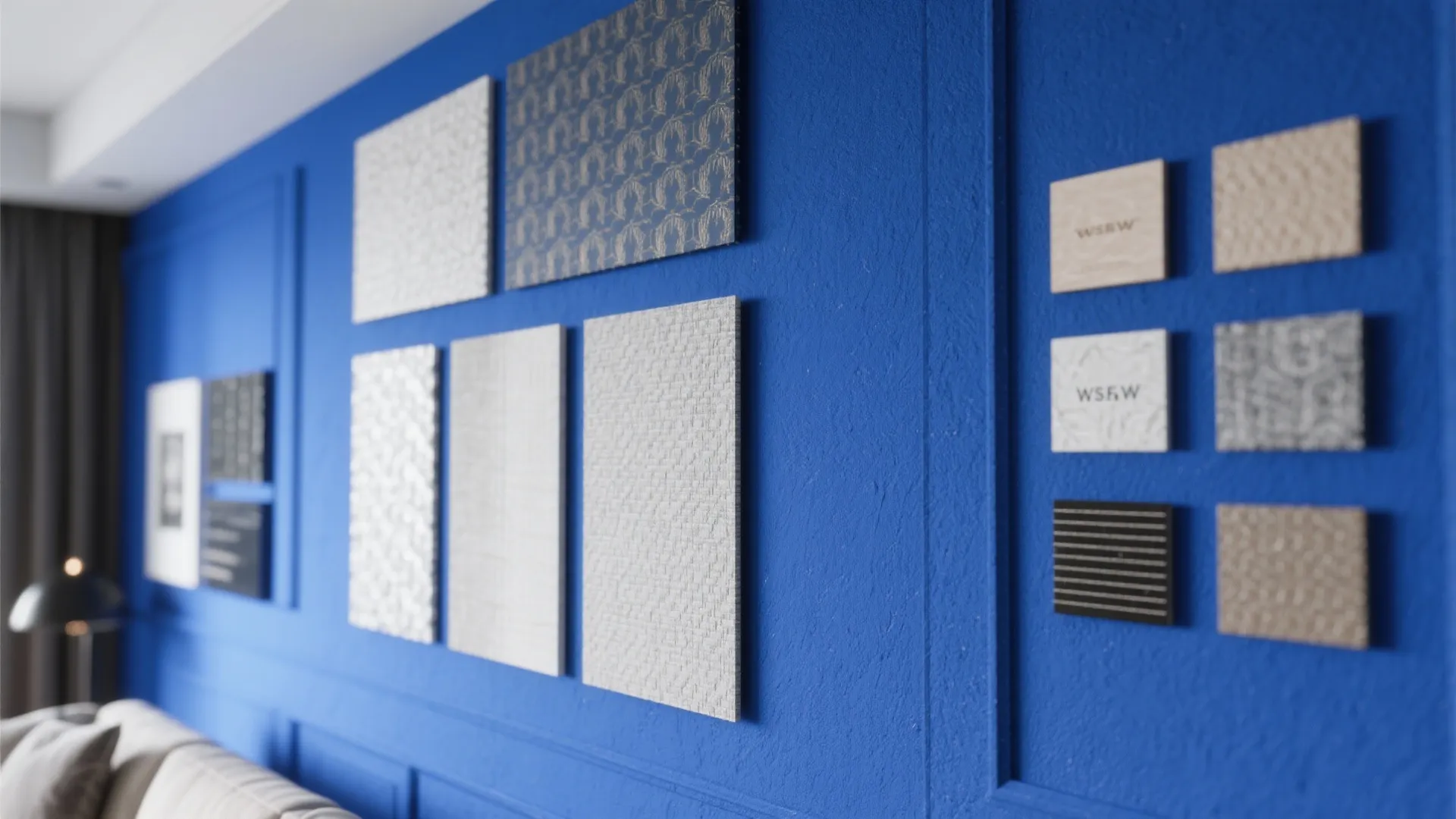 Close-up of deep blue paint and textured wallpaper samples