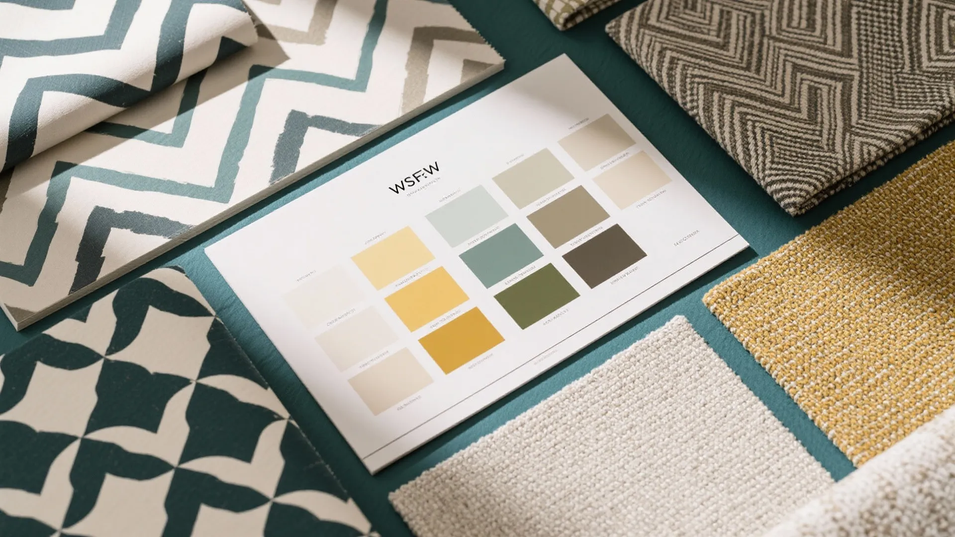 Wallpaper and paint swatches arranged neatly for wall design