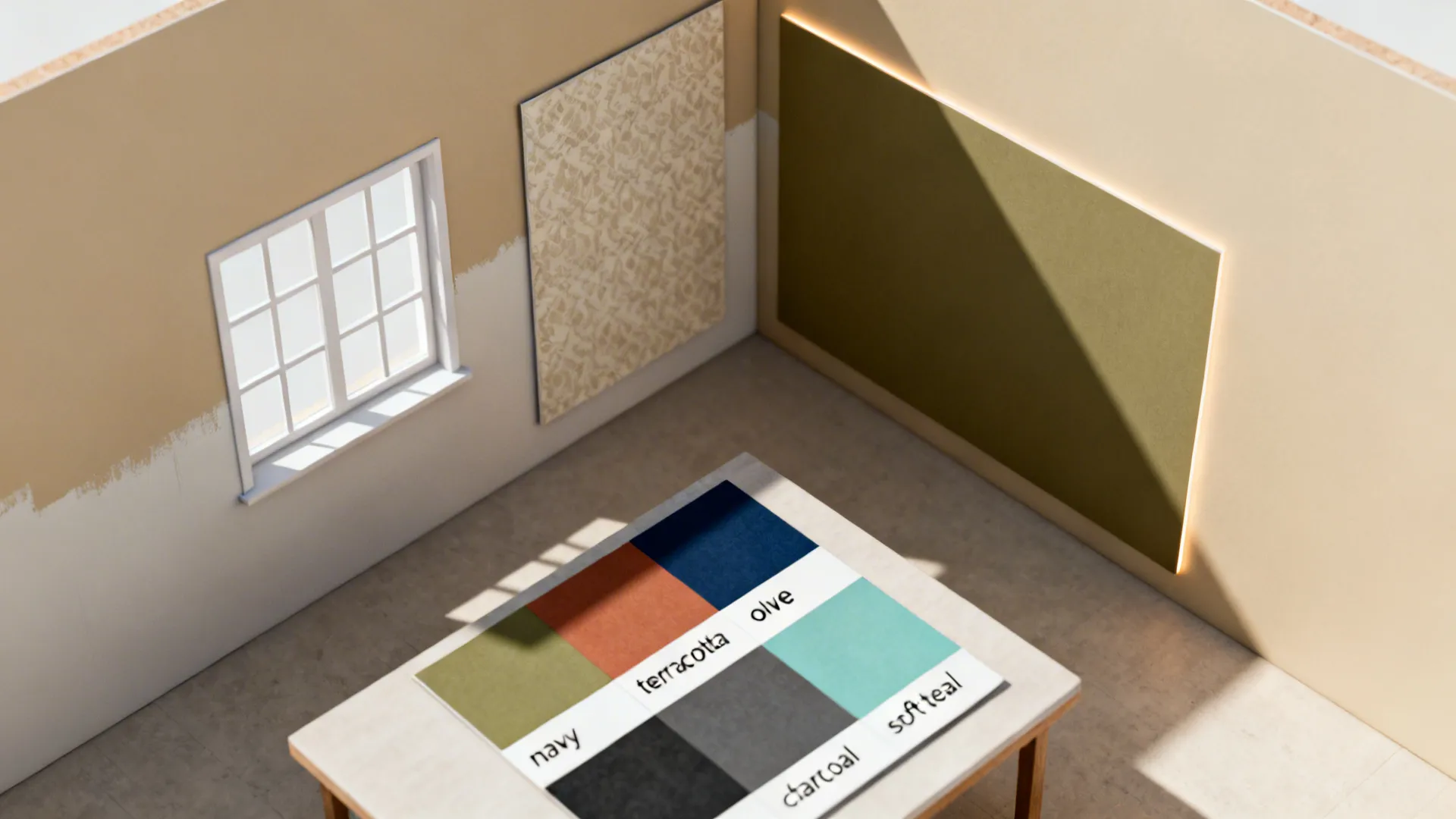 Interior design drawing showing wall color samples with a table of labeled colored material swatches