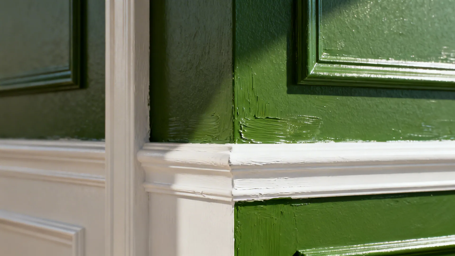 Close-up of an accent wall in deep green with crisp white molding detail.