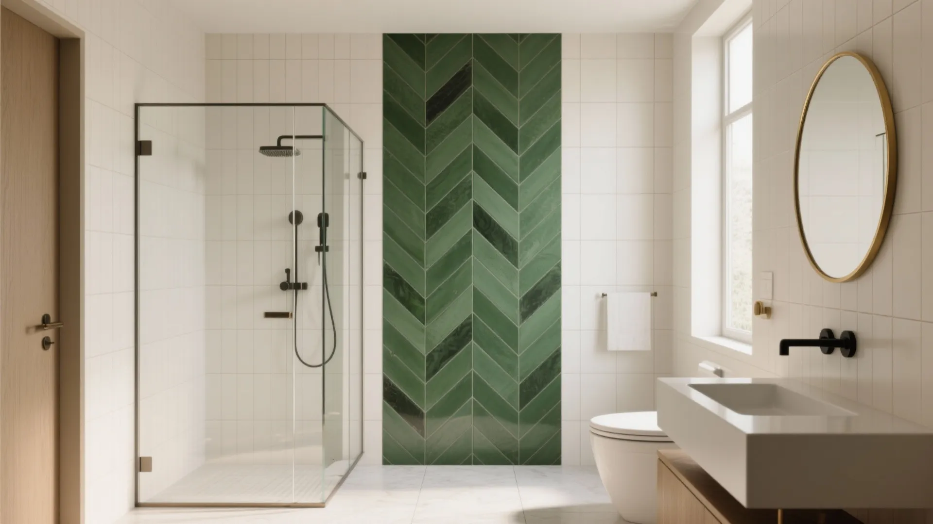 Modern bathroom featuring green herringbone wall tile pattern, glass shower door, and a round mirror