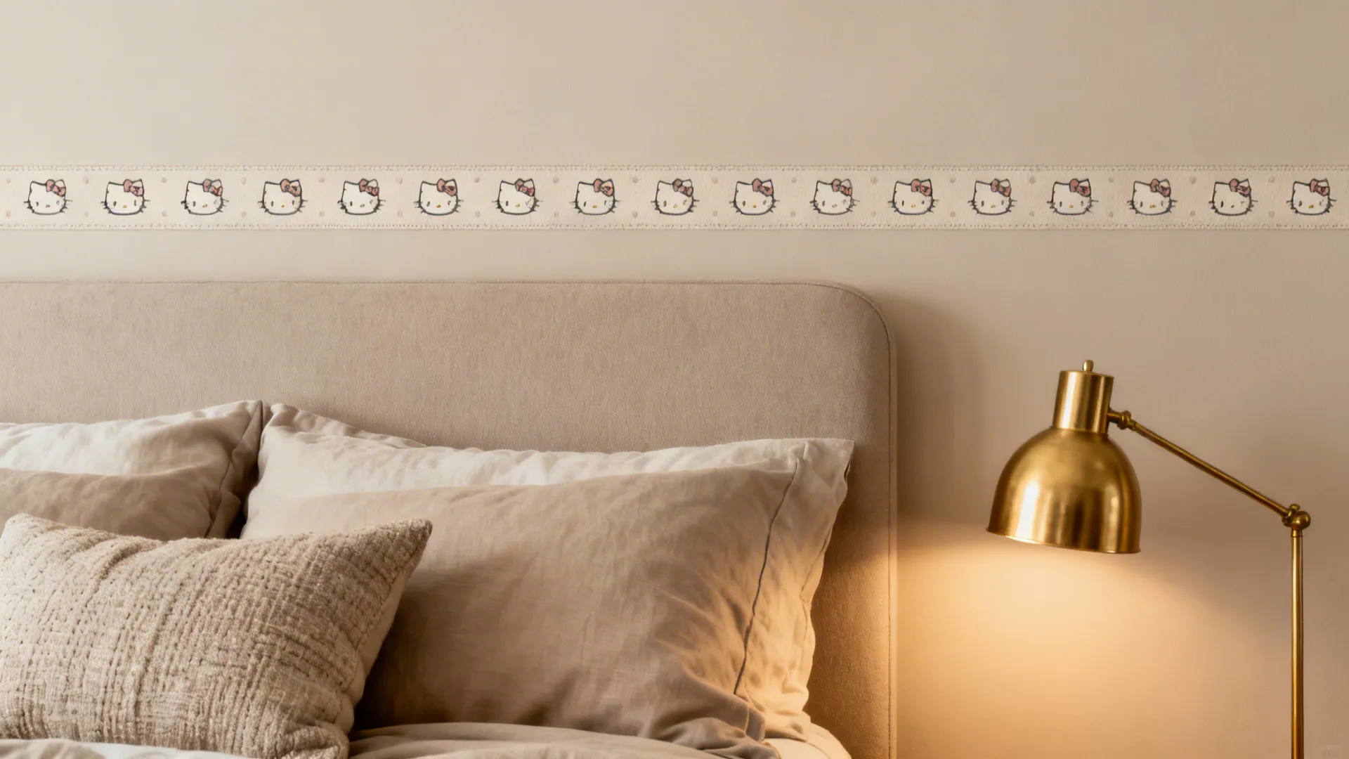 Neutral accent wall with small repeated Hello Kitty motif wallpaper band and matte brass lamp.