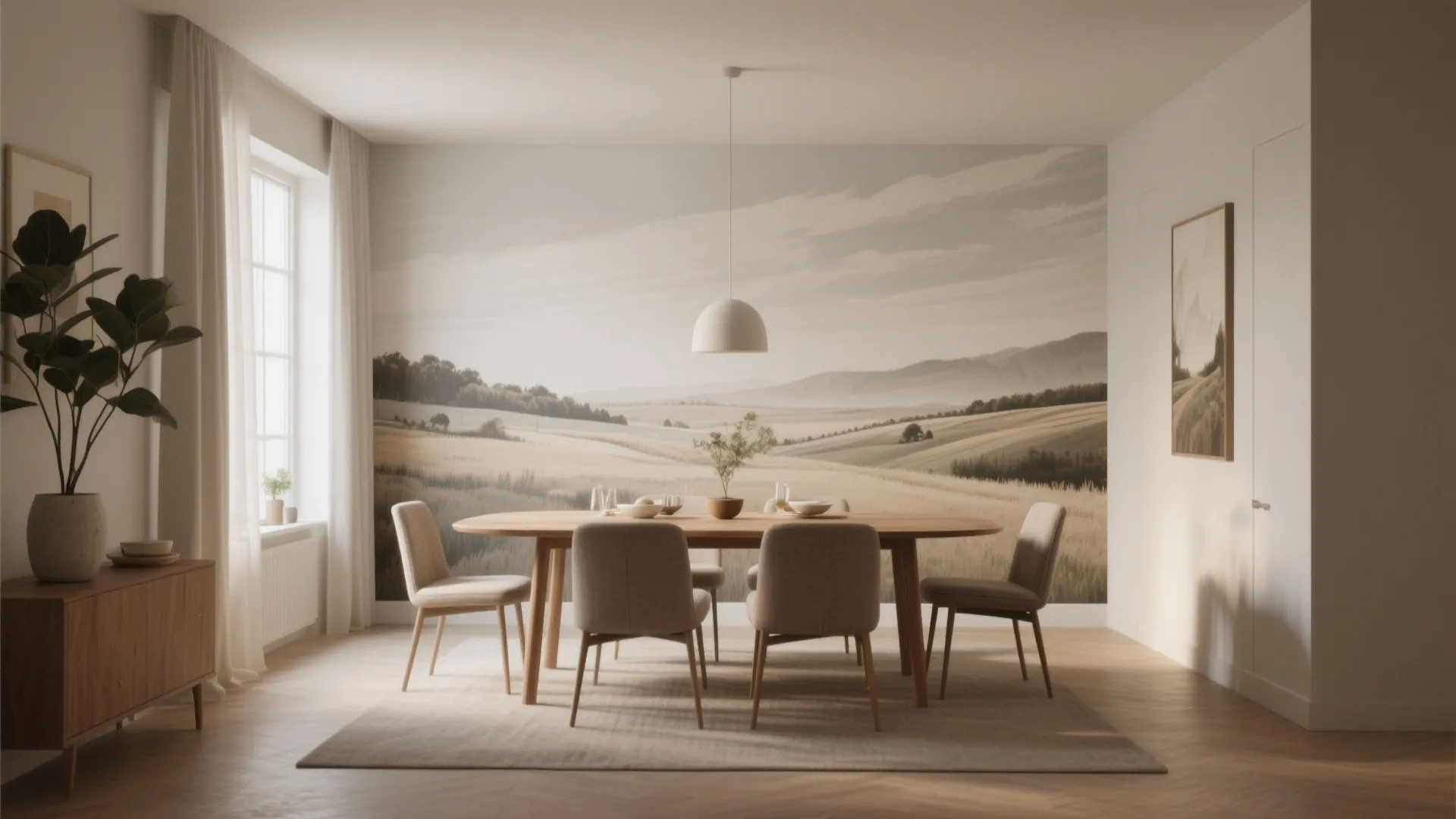 Minimalist dining room with wooden table four chairs landscape wall mural white ceiling light rug