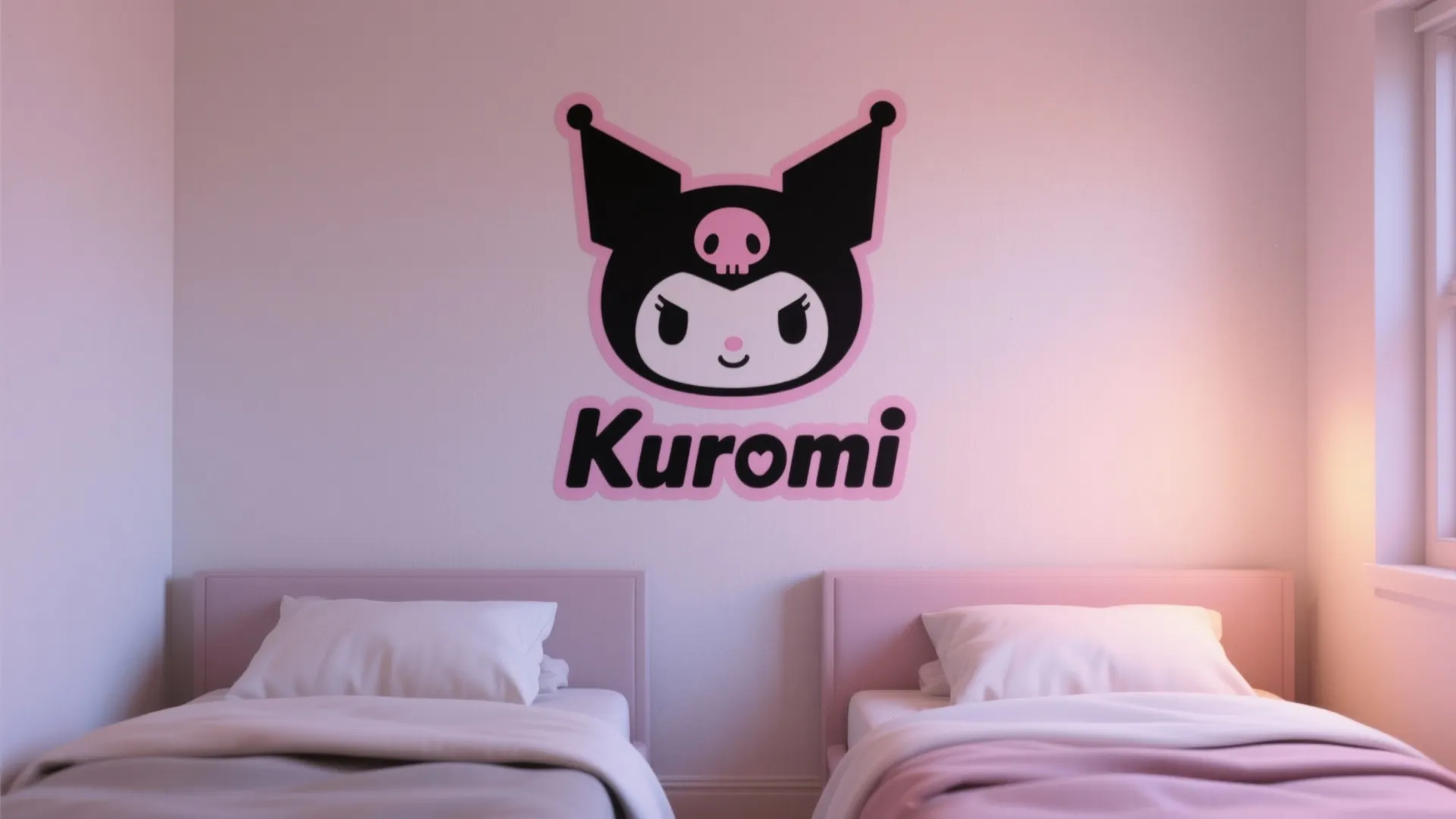 Two pink single beds against a white wall with a large cartoon character wall sticker design