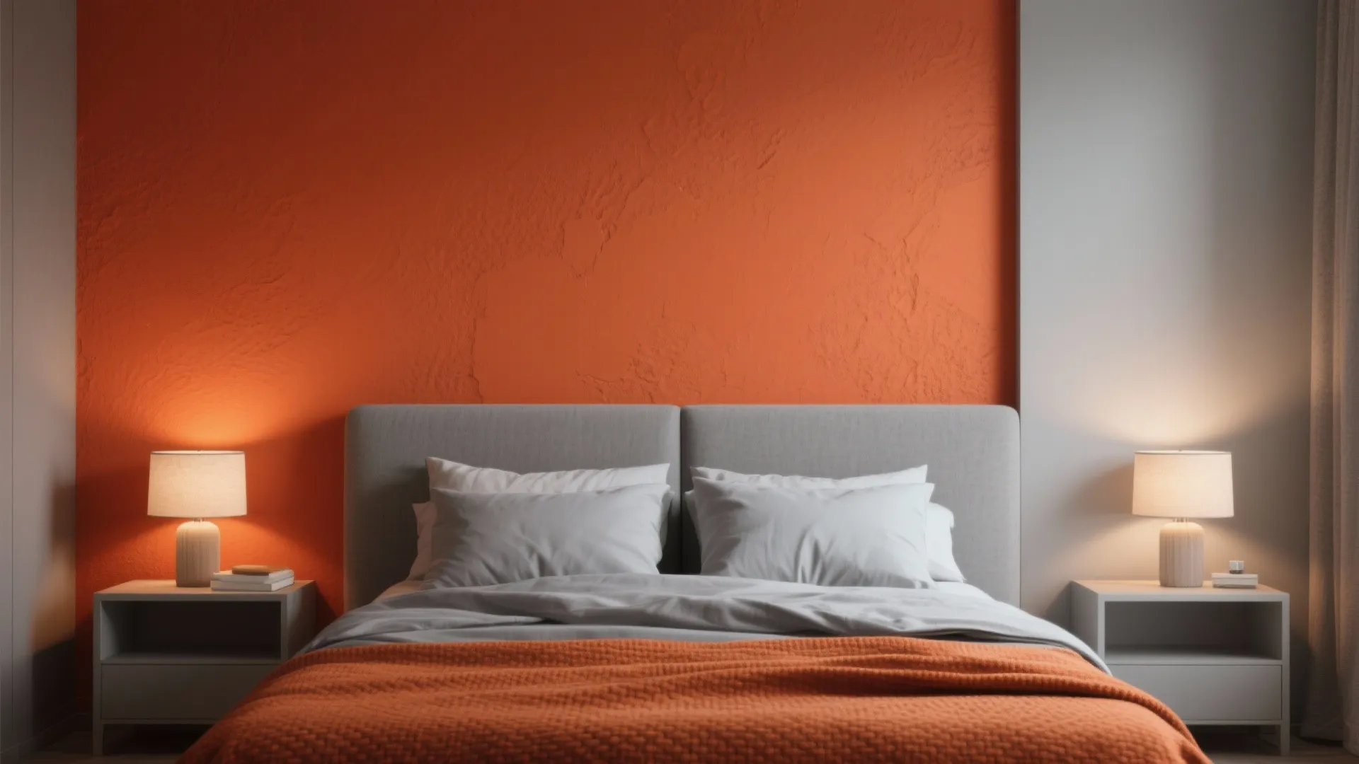 Symmetrical bedroom design with orange textured wall behind a grey bed and white bedside tables