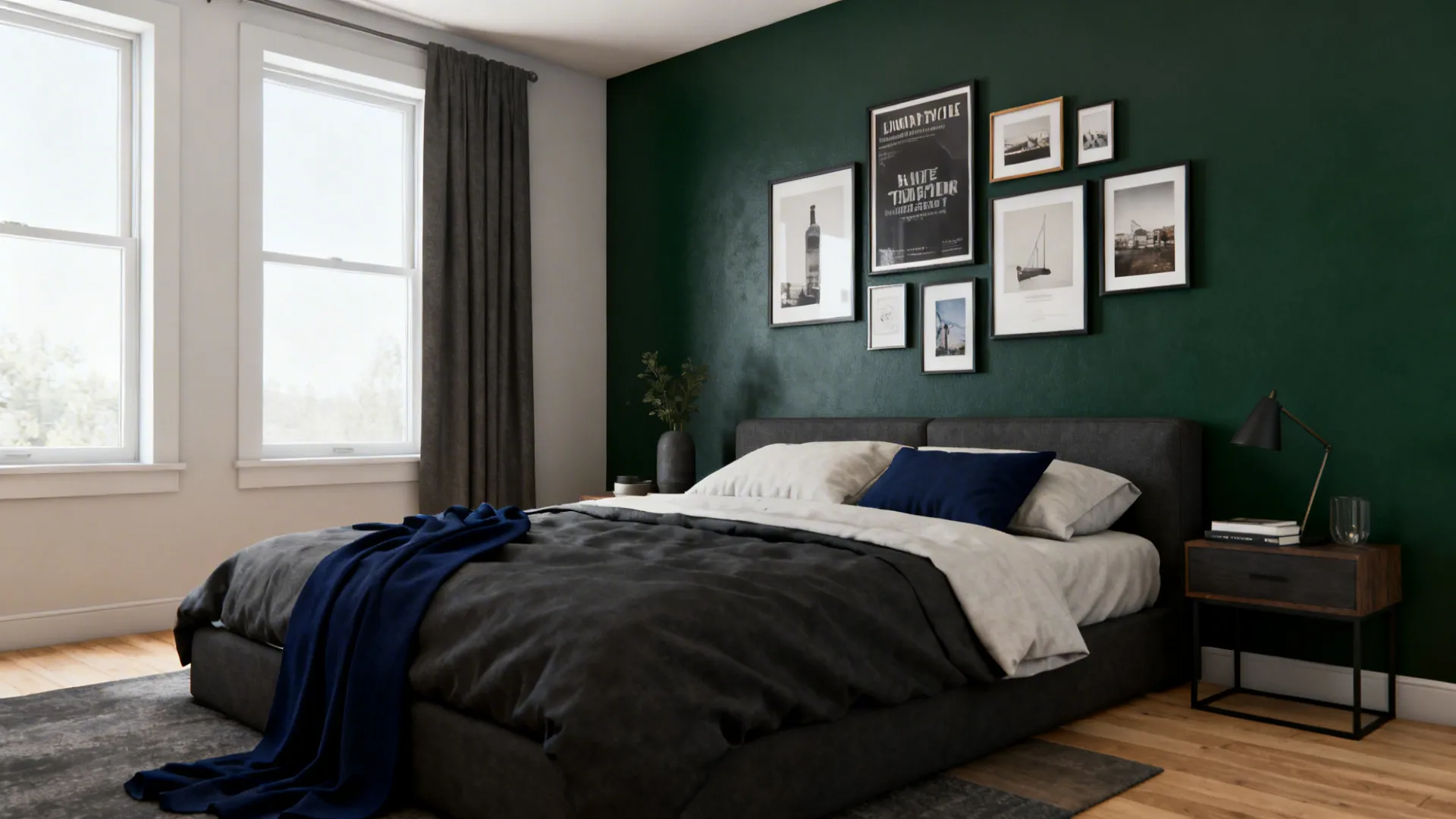 Dorm room with neutral palette and a single deep-green accent wall with framed prints.