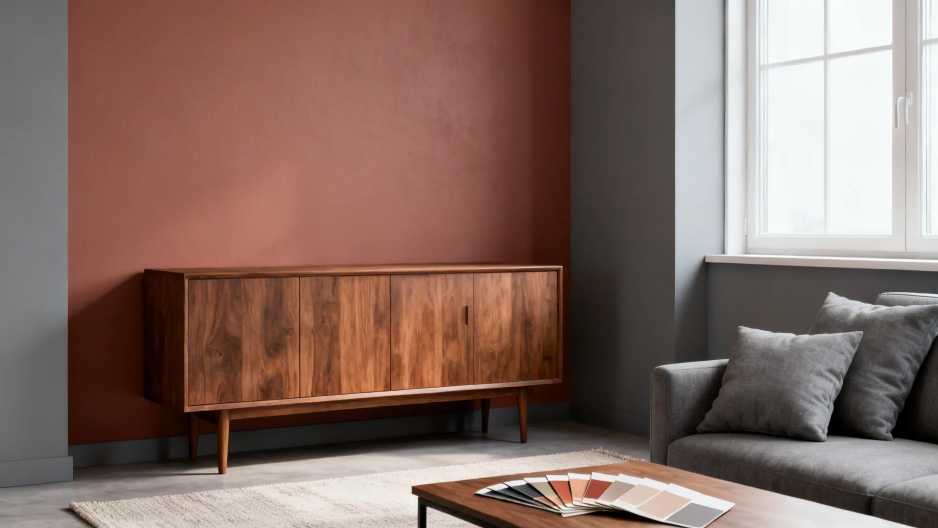 Wooden cabinet against a reddish brown wall next to a grey sofa and bright window