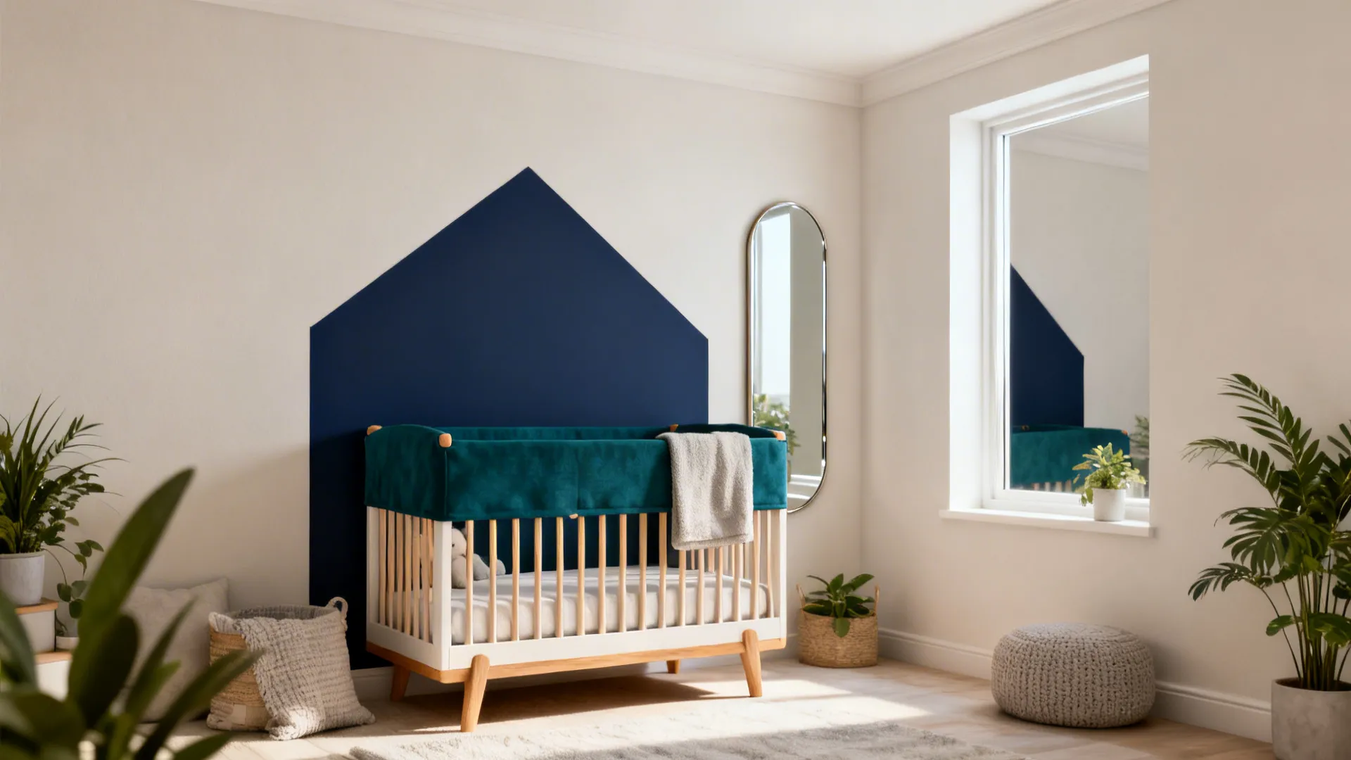 Small nursery with soft neutral palette and a navy geometric accent wall behind the crib