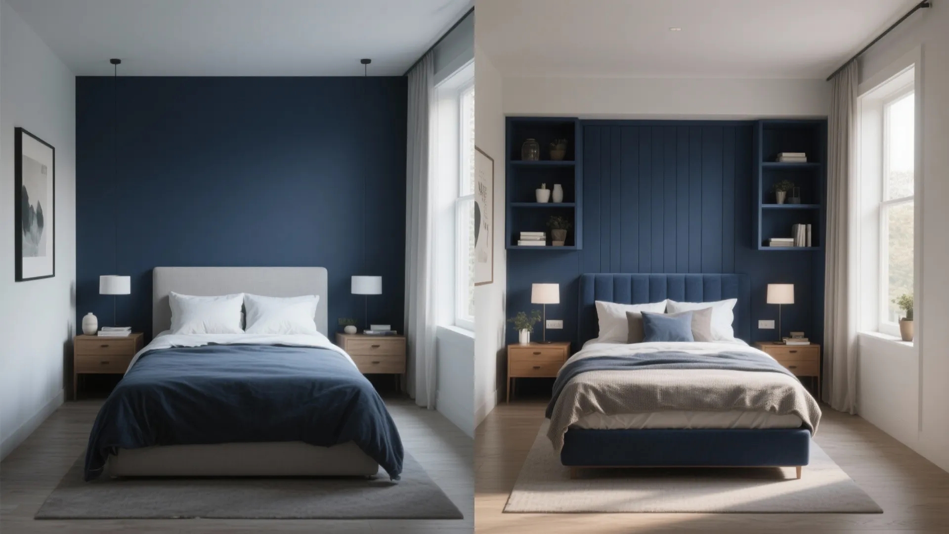 Side by side comparison of two bedrooms showing different blue accent wall designs and shelves