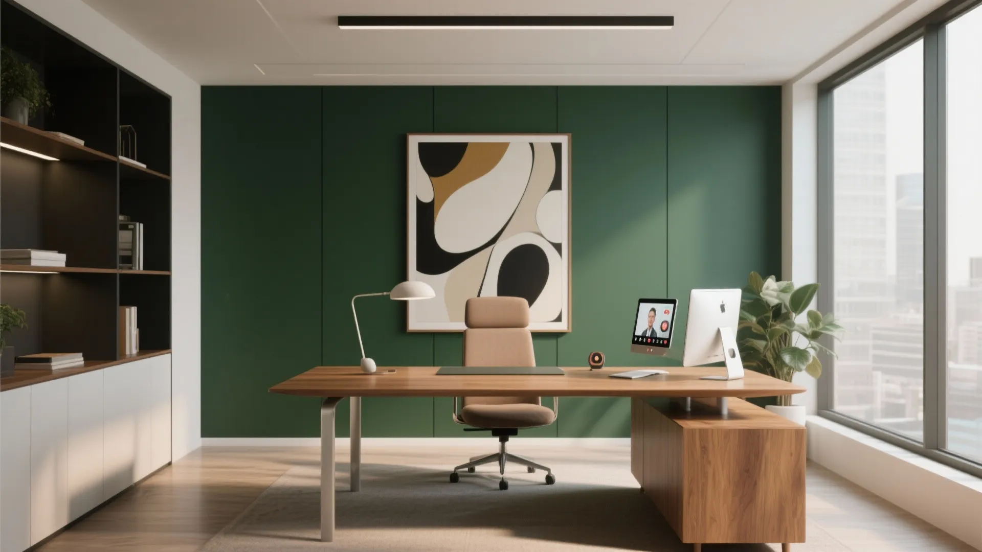 Executive home office featuring green wall panel, wooden desk, brown chair, and large city windows