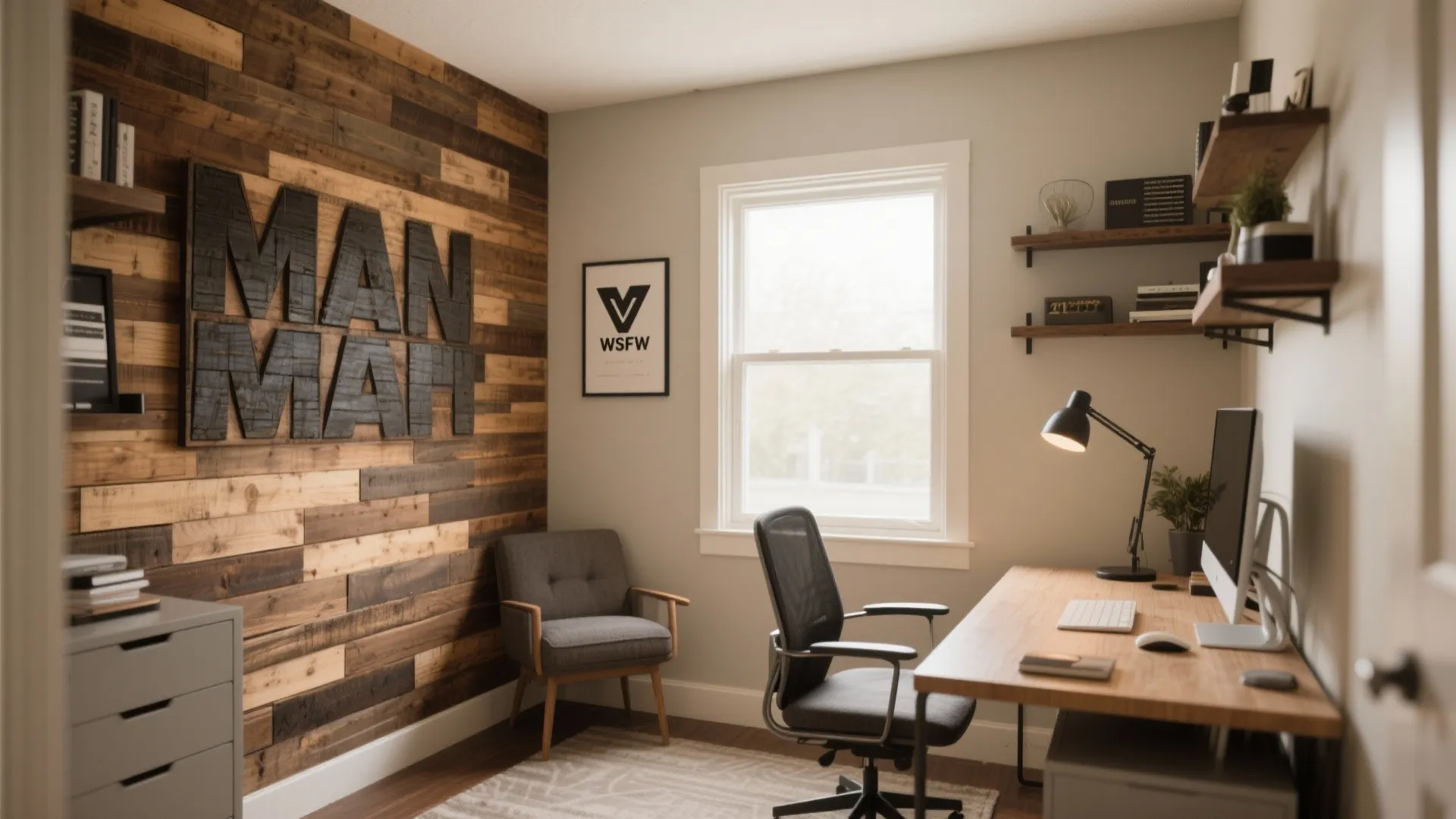 Small home office with reclaimed wood accent wall