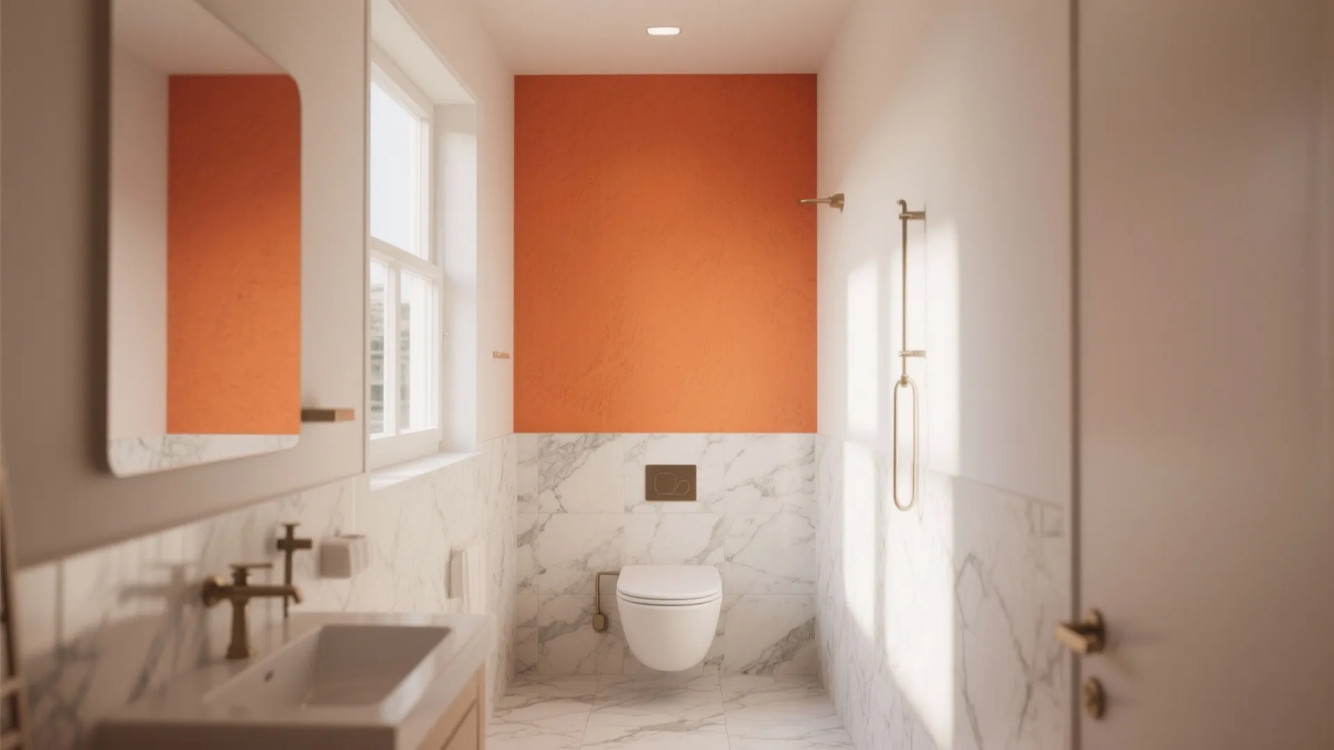 Bathroom with a burnt orange accent wall and white marble tiles.