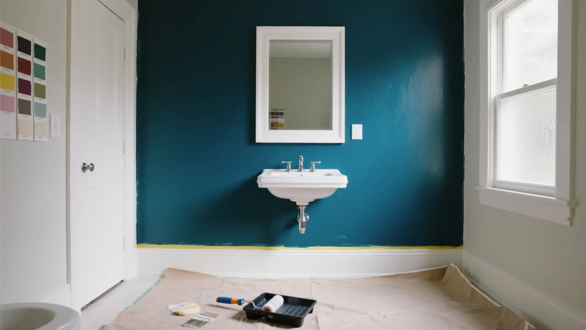 Bathroom with a dark blue accent wall white sink and mirror above the wash basin