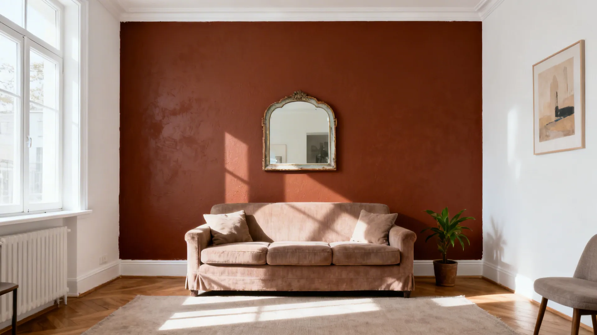 Living room with a deep clay accent wall behind a sofa and a thrifted mirror, lit by soft daylight.
