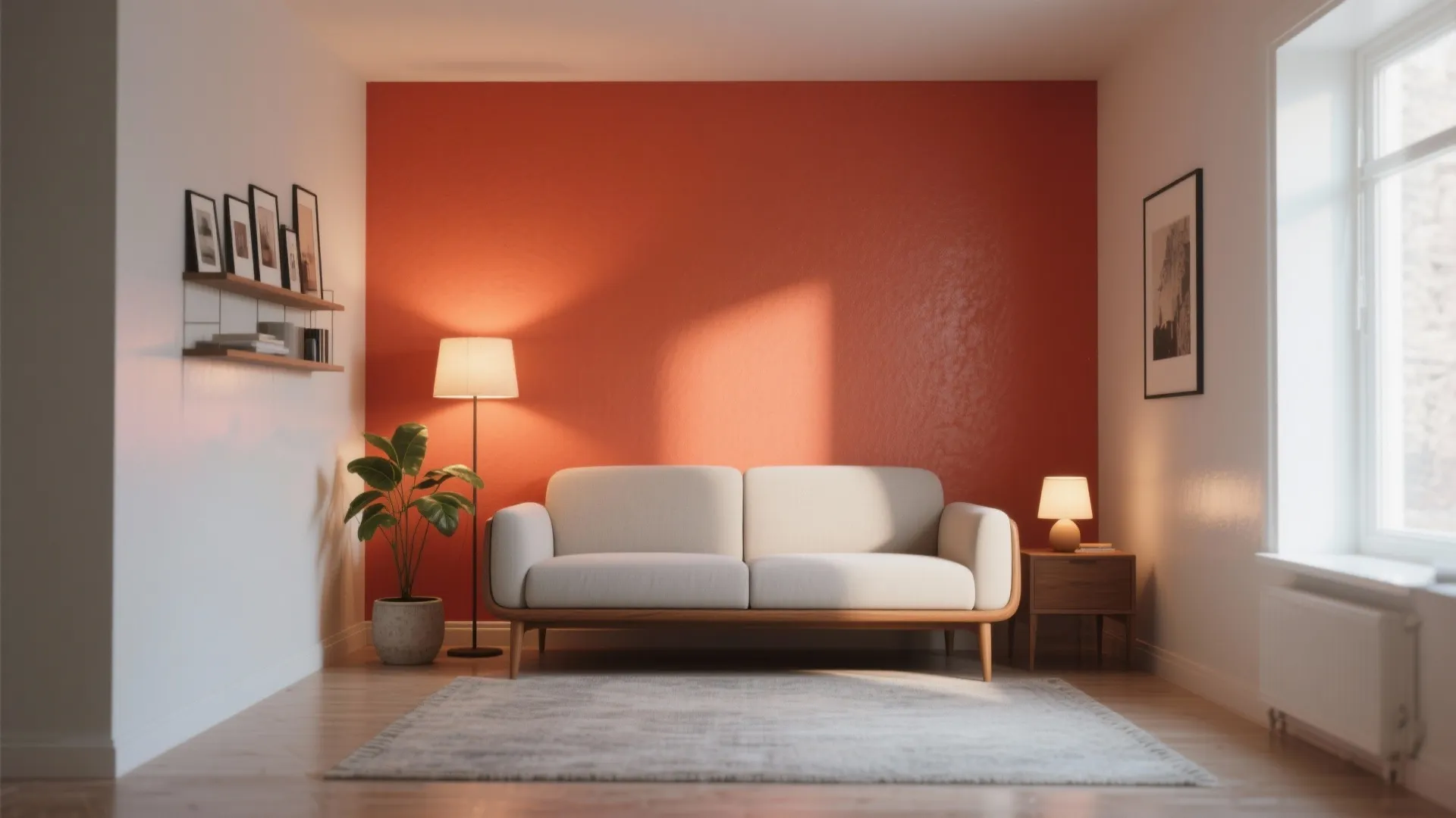 Modern living room featuring orange accent wall white sofa floor lamp potted plant and rug