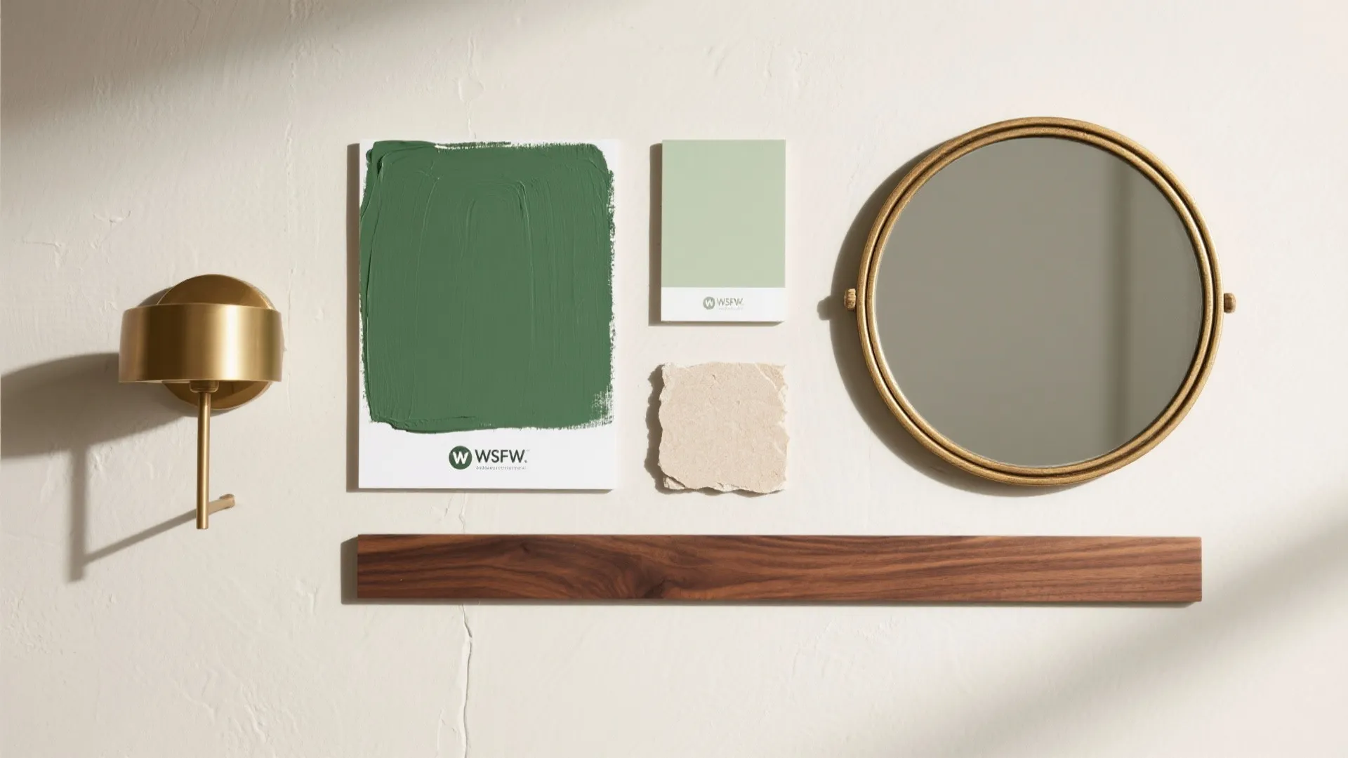 Interior design mood board with green paint samples, round mirror, wood piece, and wall light