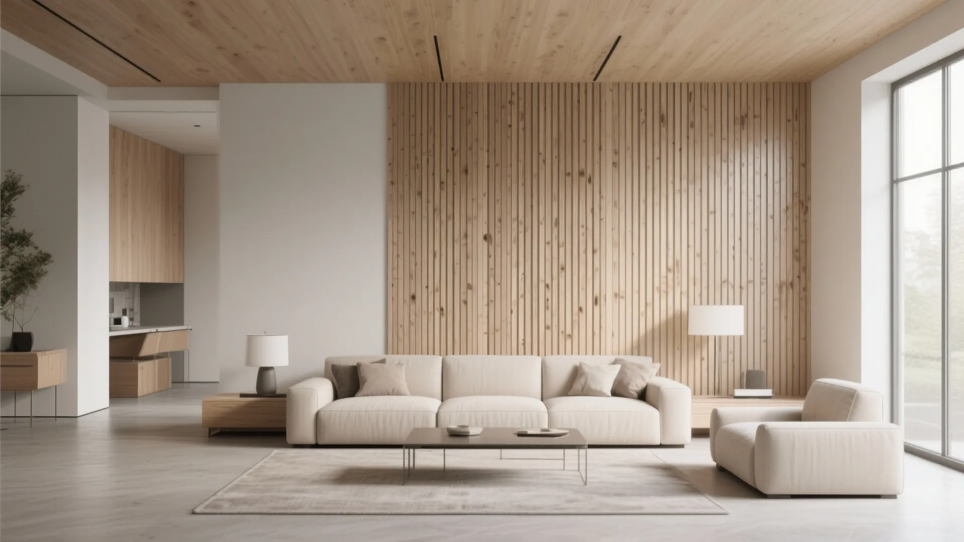 Minimalist living room with vertical wood wall panel cream sofa neutral rug and large windows