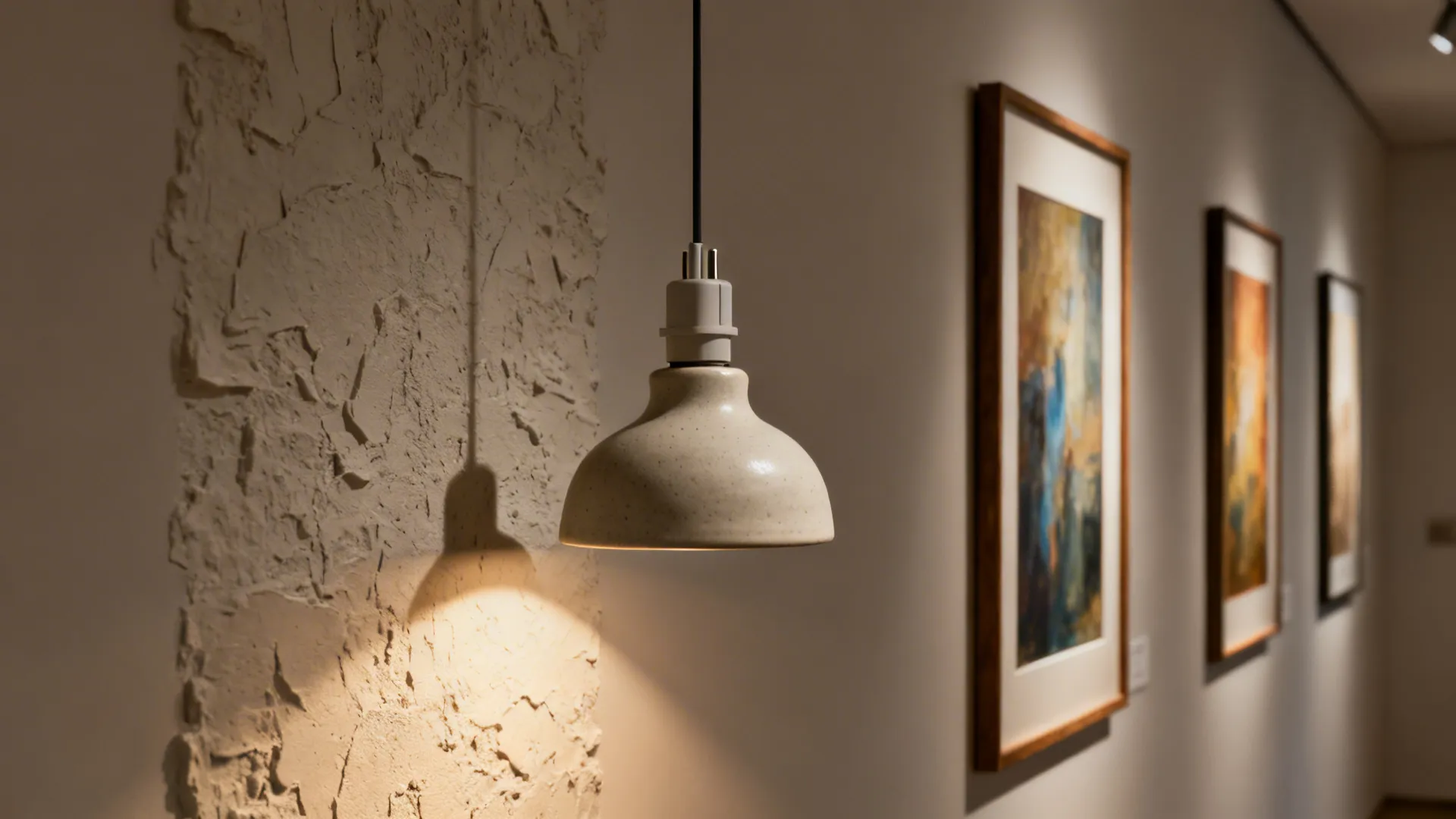 Cream ceiling light hanging in front of textured wall with framed art pieces in the gallery