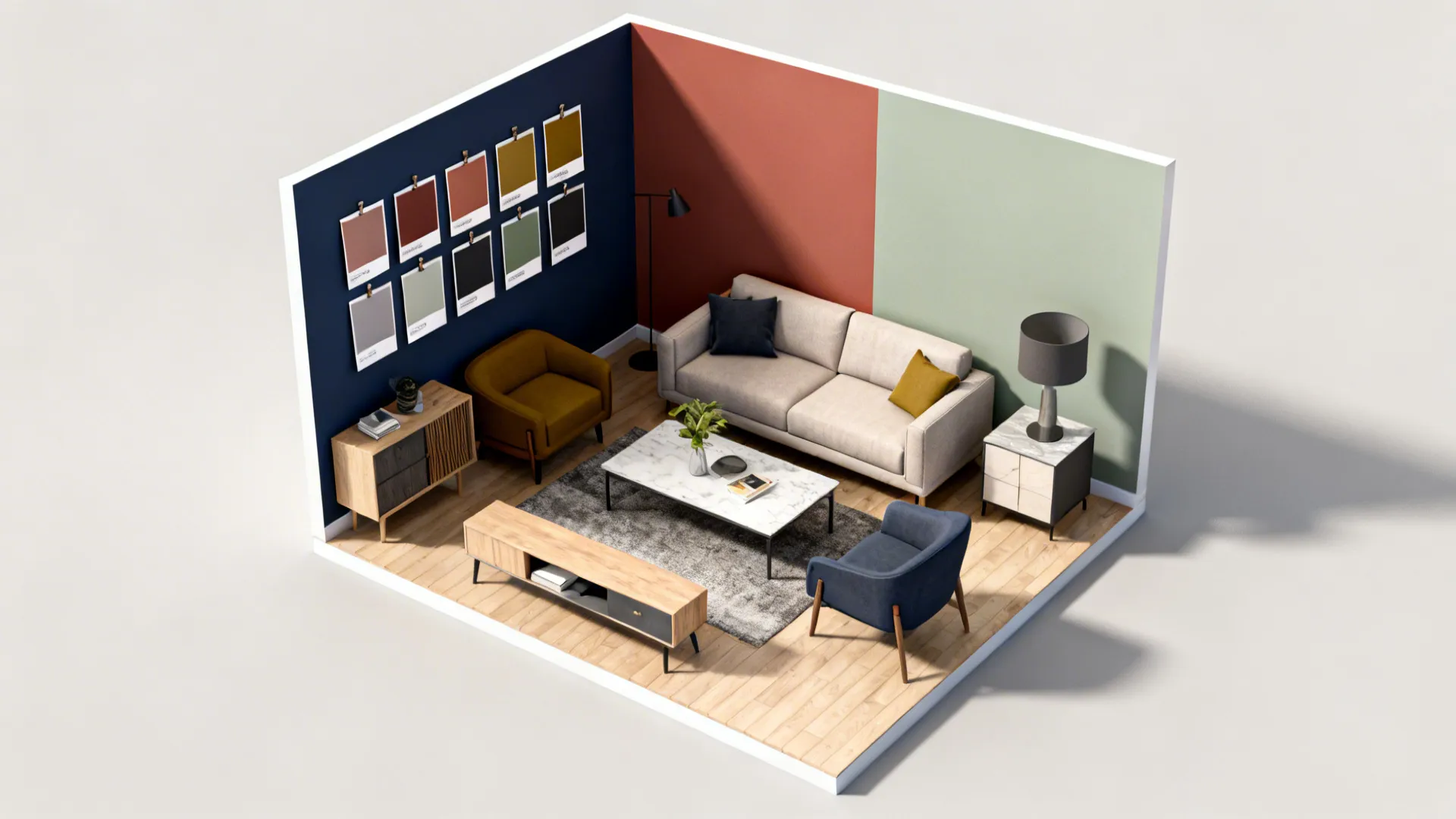 Top-down floor plan mockup showing accent wall options and swatches for a small living room