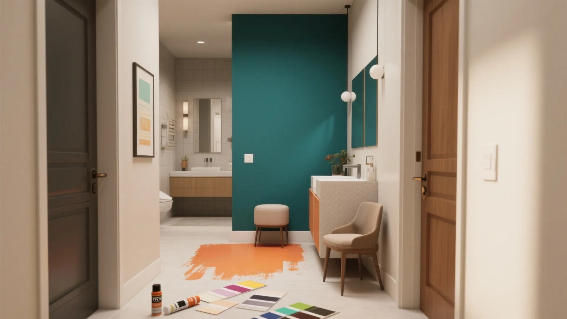 Modern bathroom hallway with teal accent wall and paint color samples on the white floor