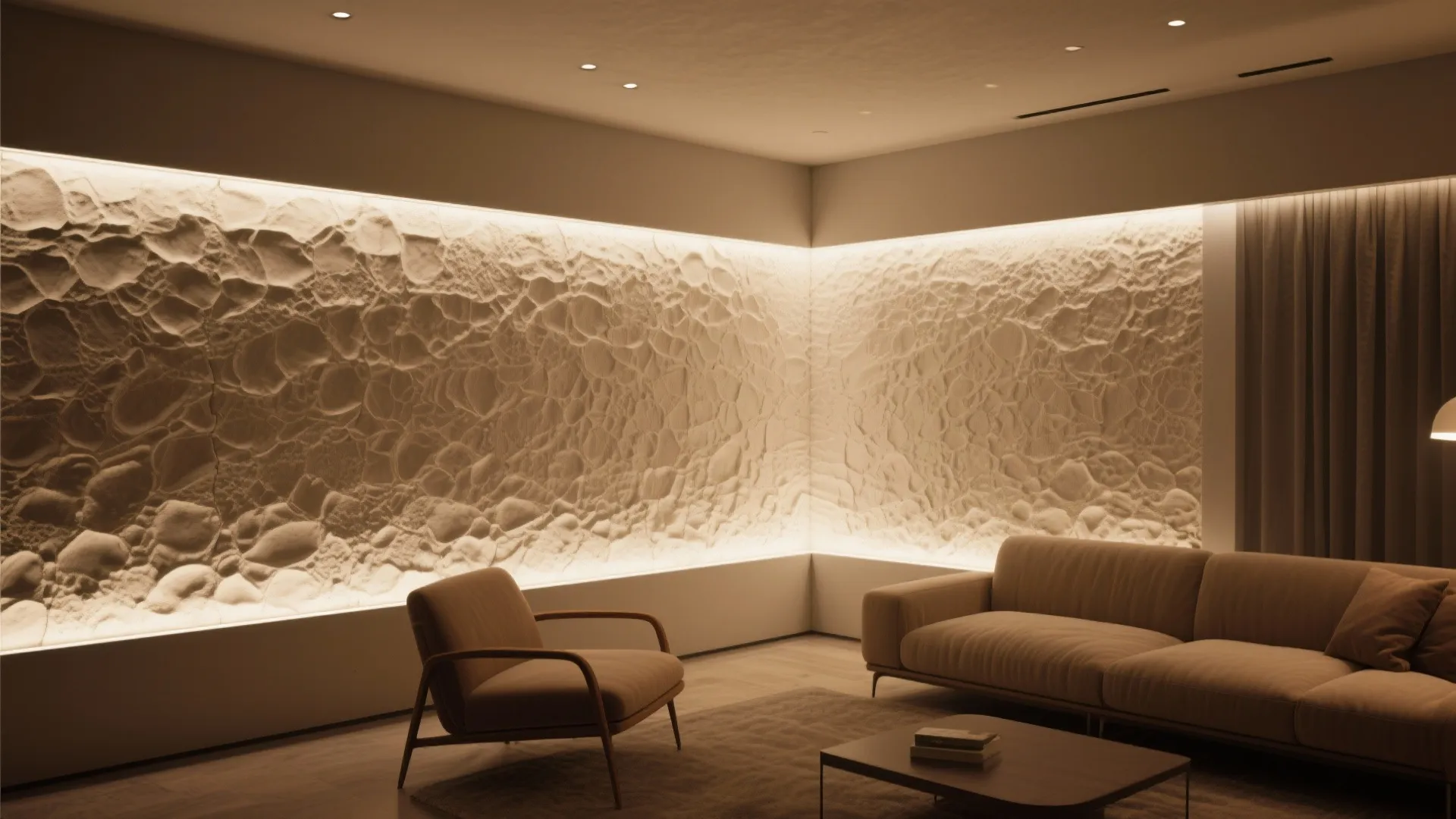 Modern living room featuring a textured wall with recessed lighting behind a sofa and chair