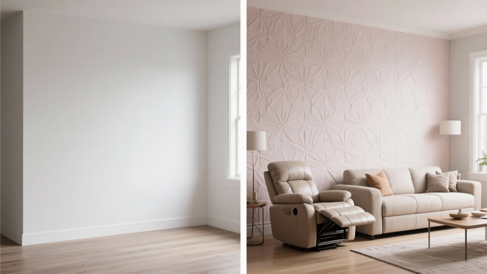 Before and after view showing a textured accent wall behind a recliner