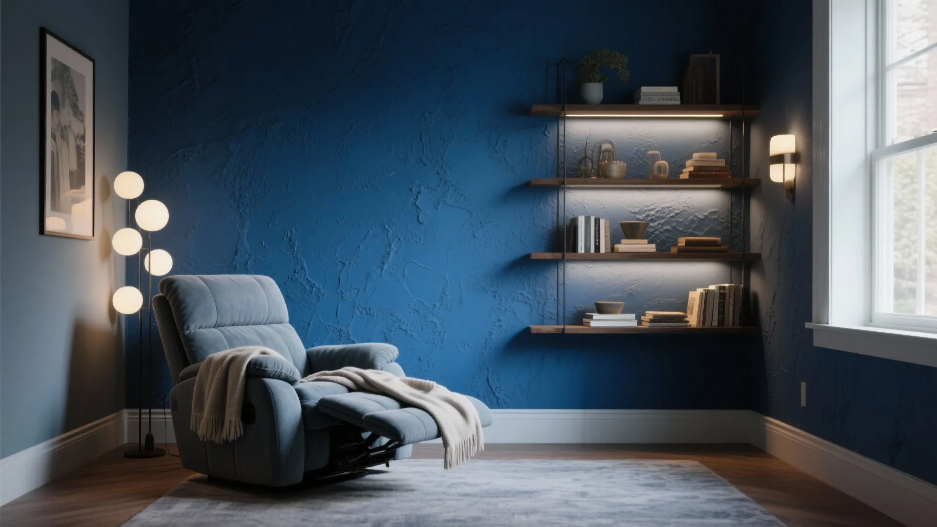 Blue living room with textured accent wall, comfortable sofa with blanket, floor lamp, and wall shelves