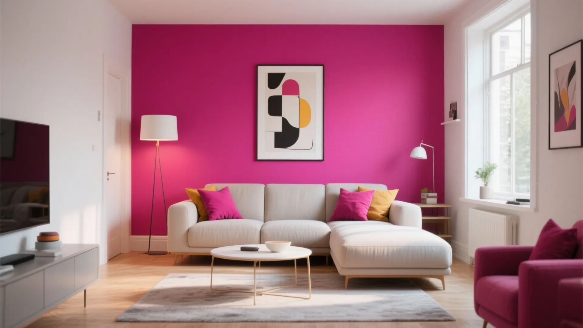 Modern living room with bright pink wall, beige sofa, round coffee table, and floor lamp