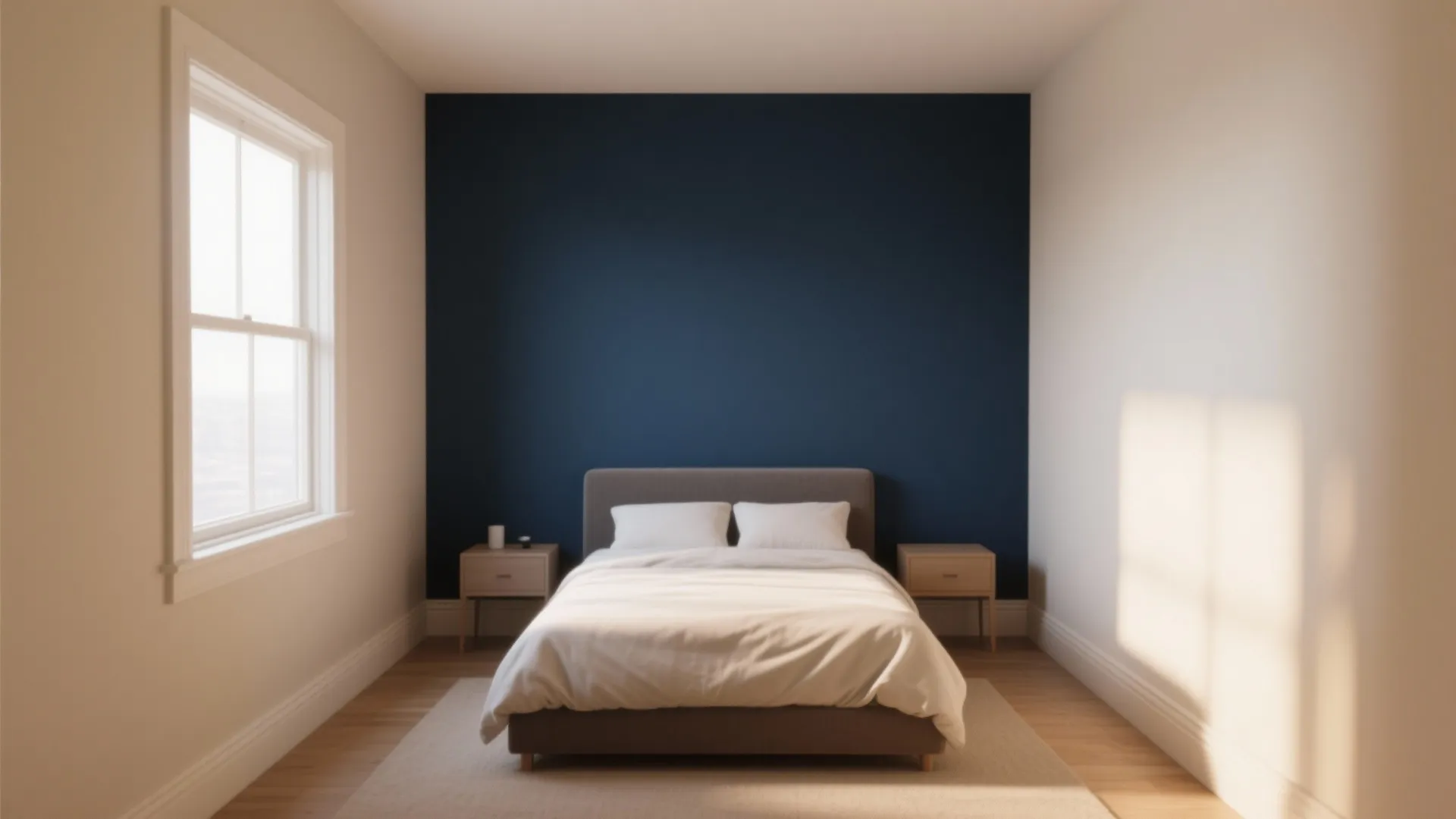Modern bedroom with blue accent wall behind white bed two side tables and natural light