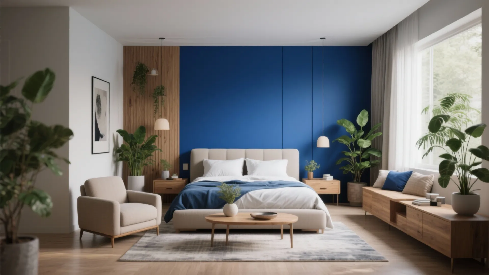 Modern bedroom featuring blue accent wall wood panels beige bed armchair and green indoor plants