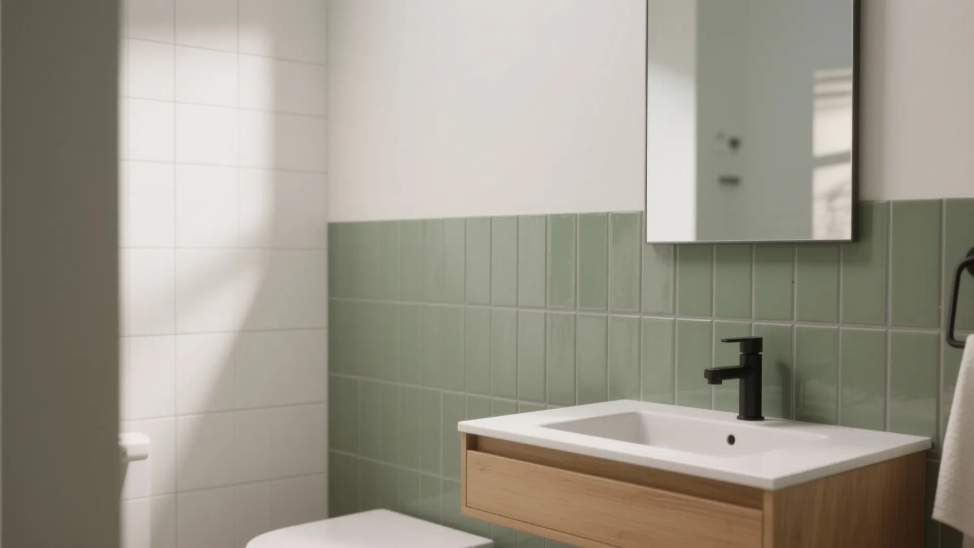 Modern bathroom with sage green wall tiles, wooden cabinet, white sink, black faucet, and mirror