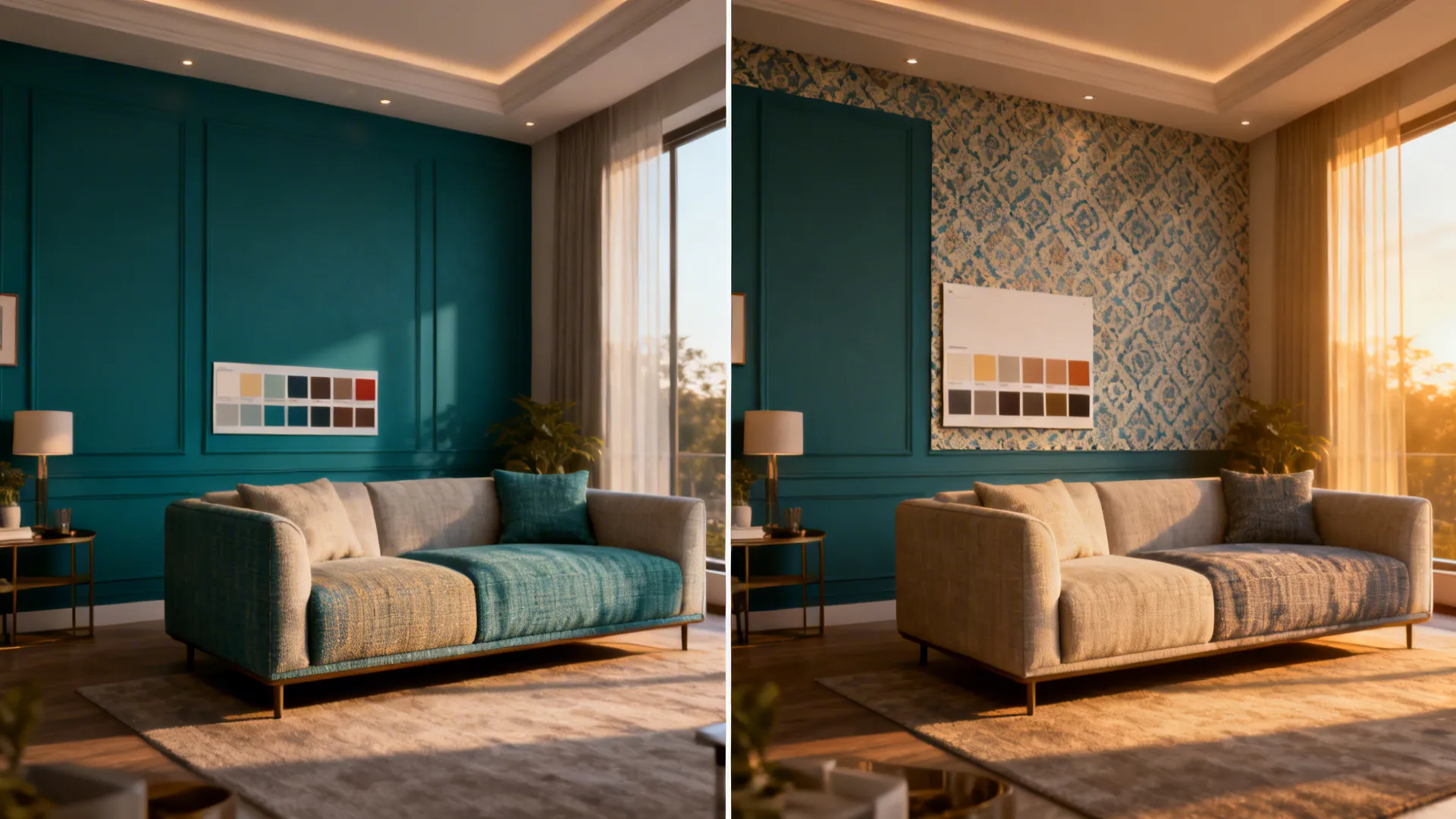 Comparison of a living room design showing plain teal wall versus patterned blue wallpaper options