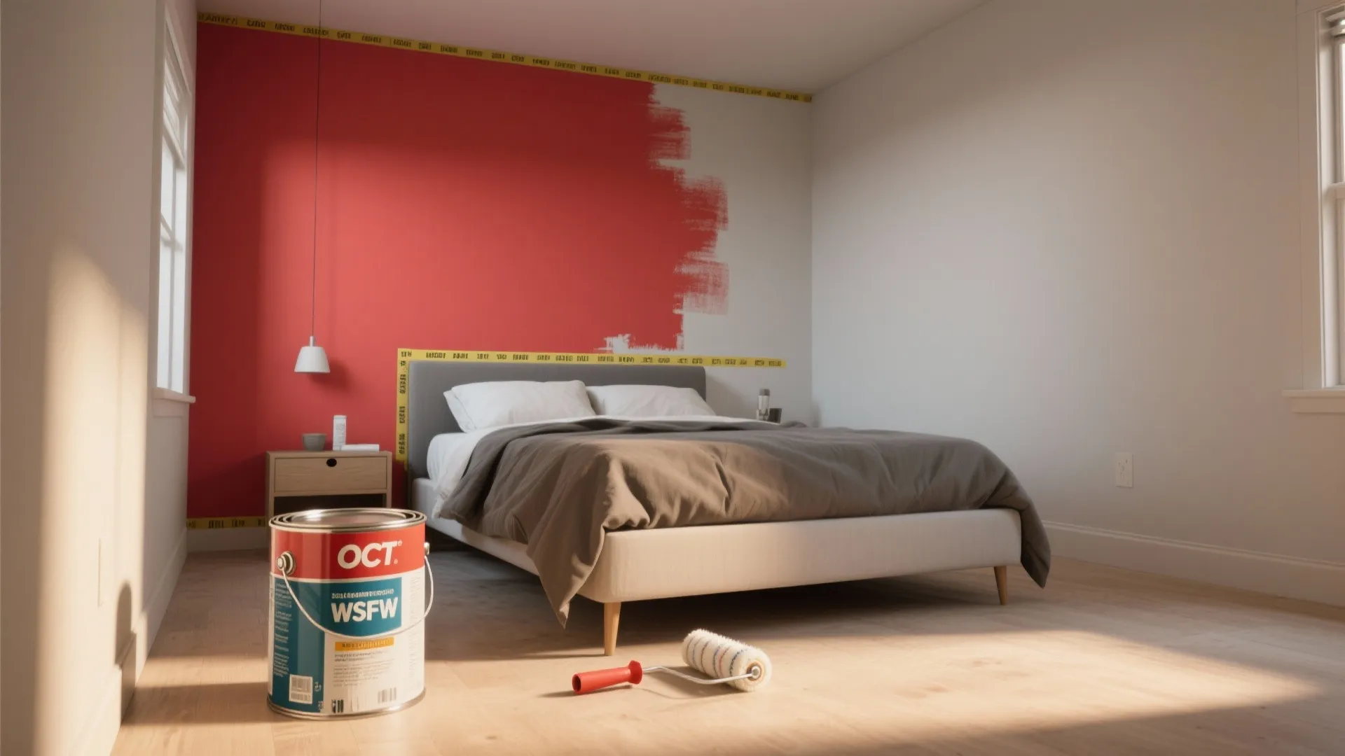 Small bedroom with a single bold accent wall, painter's tape along edge, paint can and roller nearby illustrating paint-saving strategy.