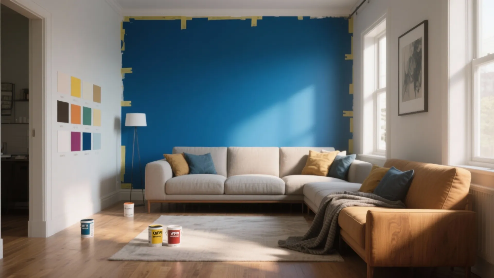 Living room with blue accent wall and sofa showing paint cans and color sample cards