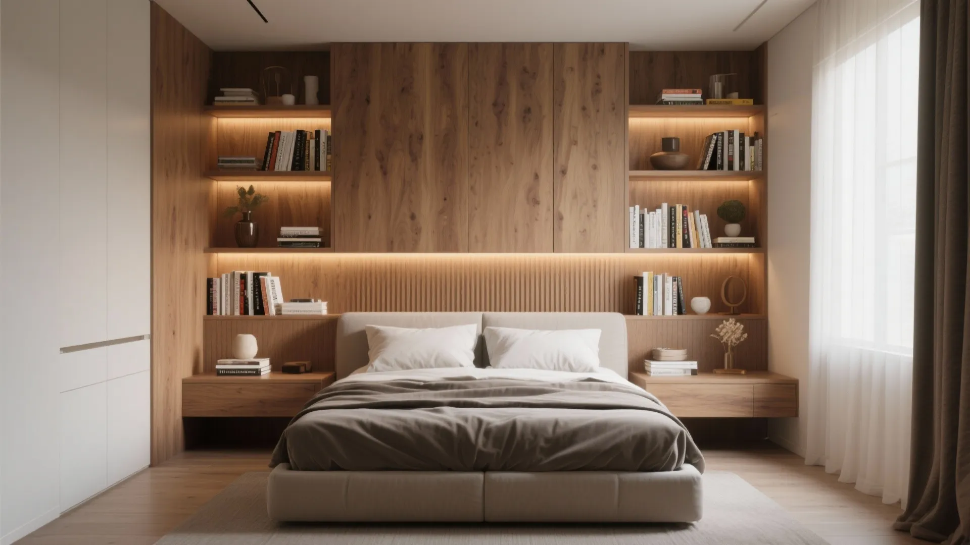 Modern bedroom with wooden wall panel shelves integrated light fixture grey bed and white window curtain