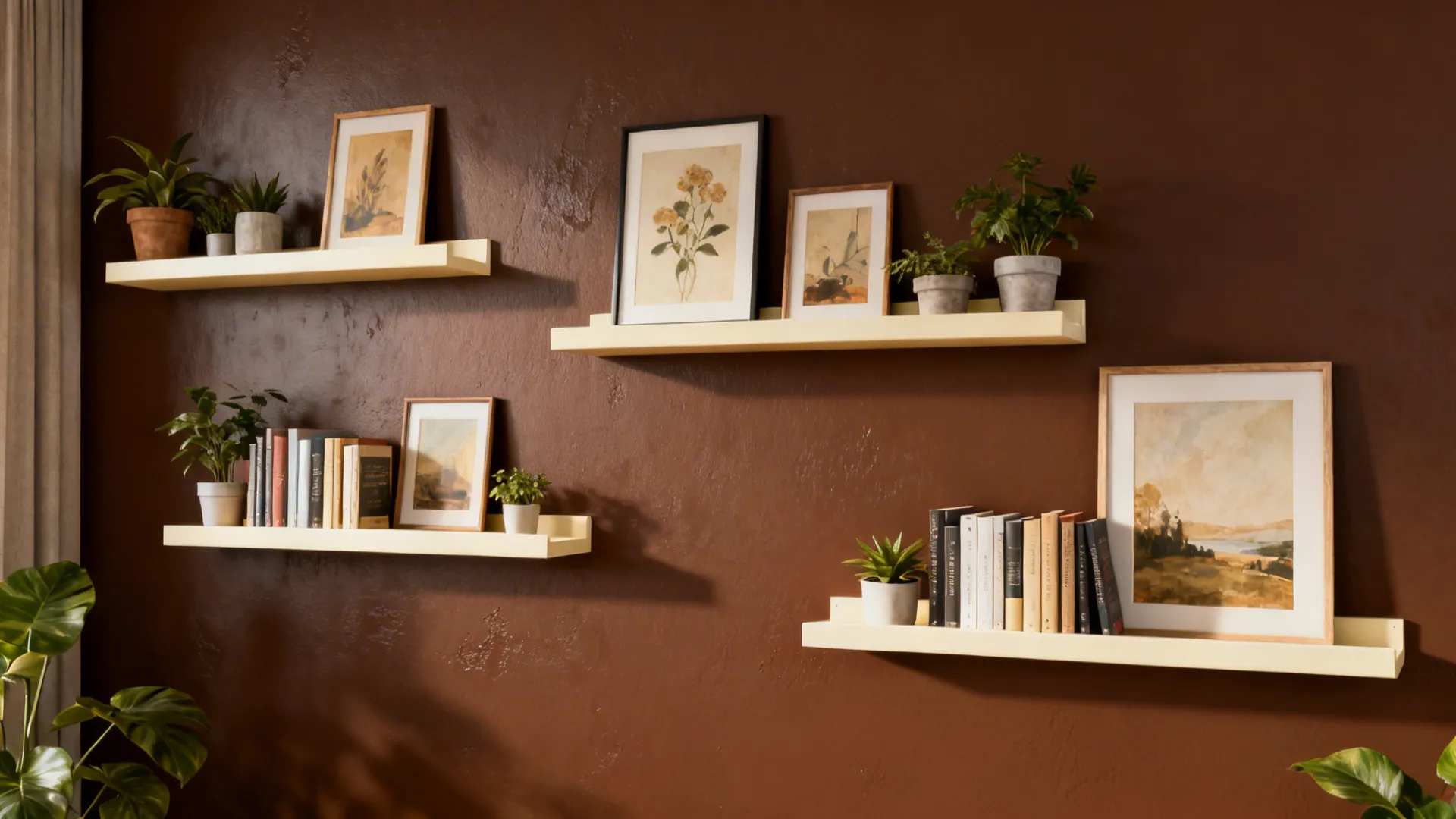 Rich brown accent wall with cream shelving holding art, books, and plants.