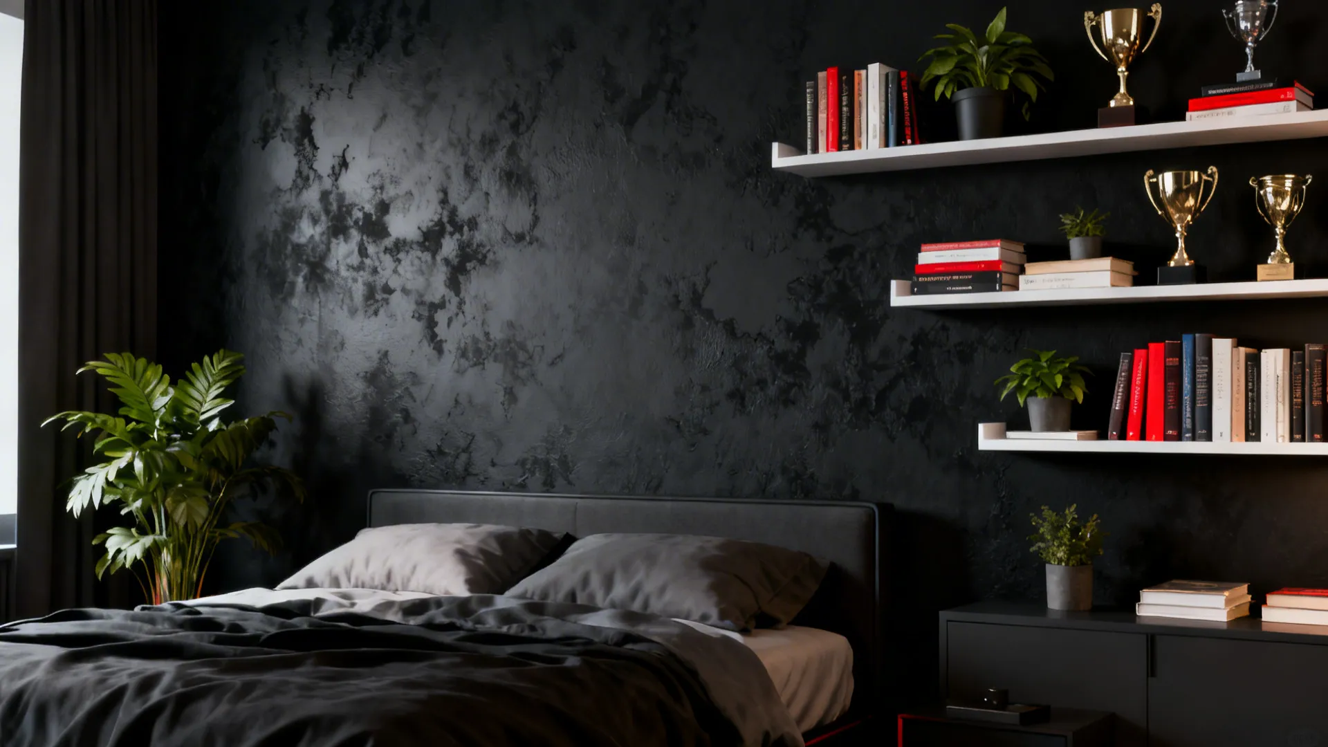 Modern bedroom featuring black textured wall with white shelves holding books trophies and green plants