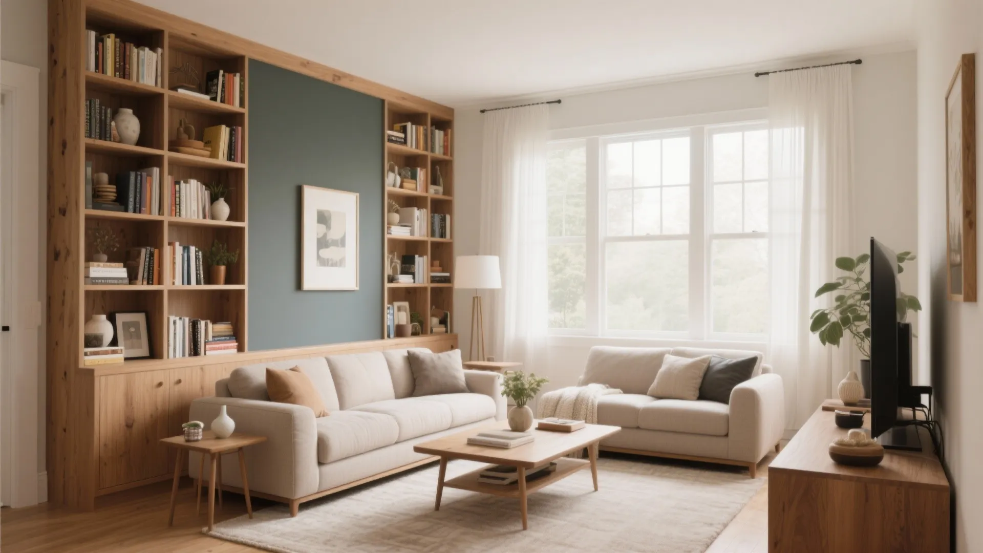 Accent wall with built-in shelving